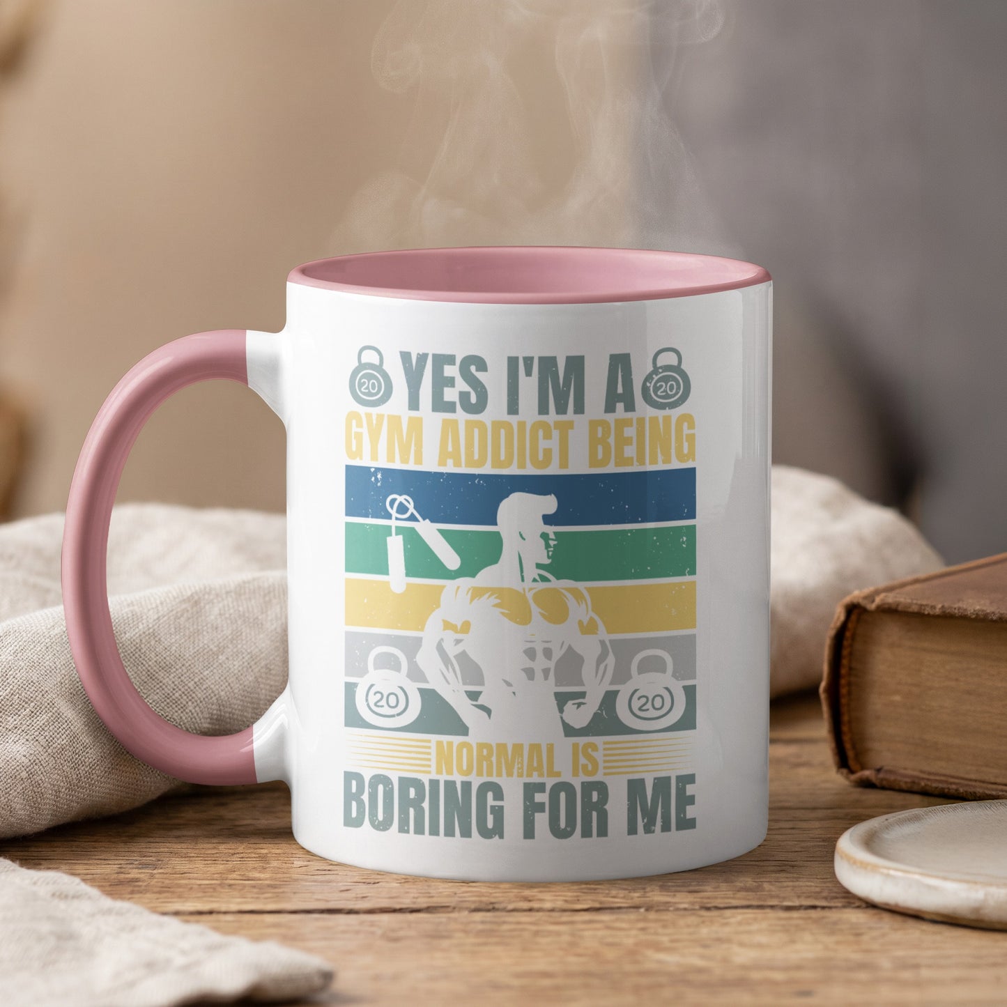 Mug with gym addict text and man lifting weights.