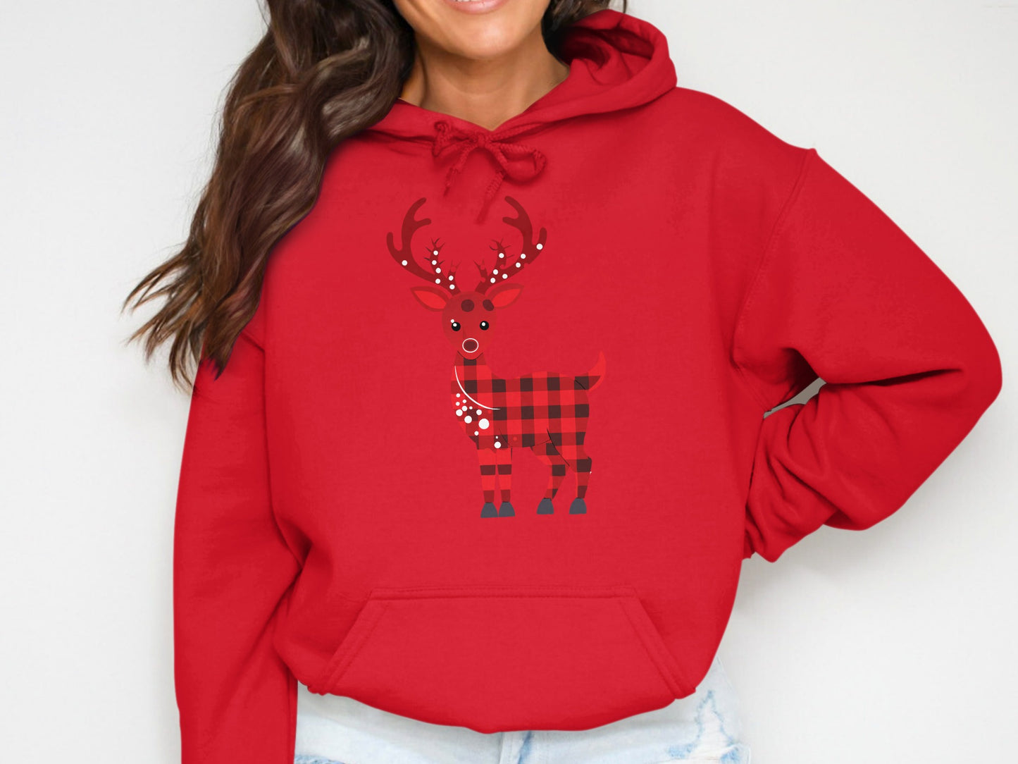 Red Hoodie with Reindeer and Plaid Design