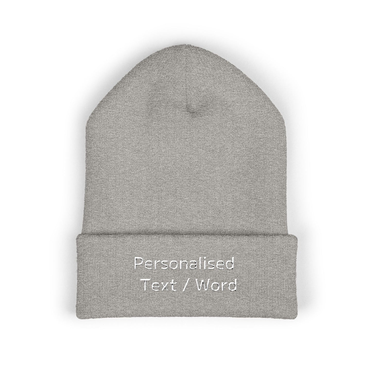 Grey beanie with "Personalised Text / Word" embroidery on the cuff.