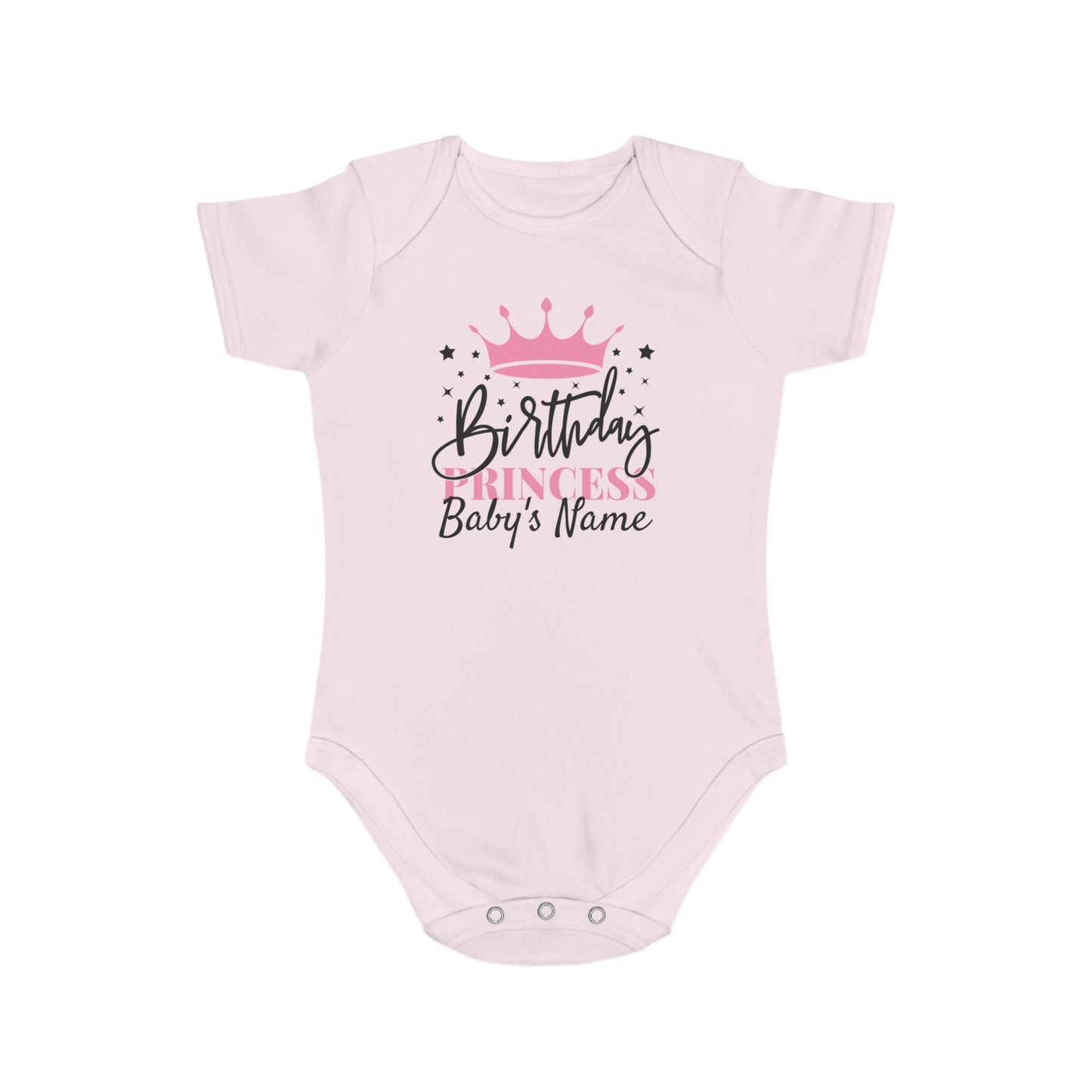 Pink baby onesie with "Birthday Princess Baby's Name" text and crown graphic.