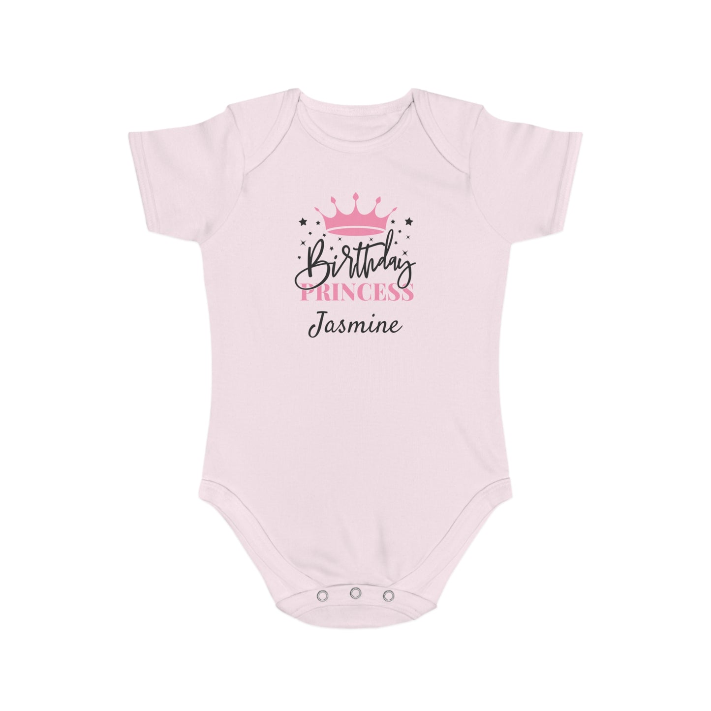 Light pink baby onesie with "Birthday Princess Jasmine" text and crown graphic.