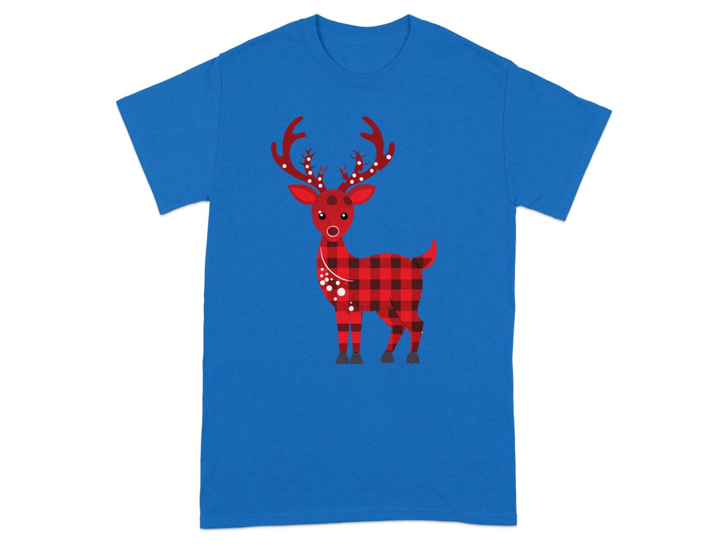Blue T-shirt with Red Plaid Reindeer Graphic Design