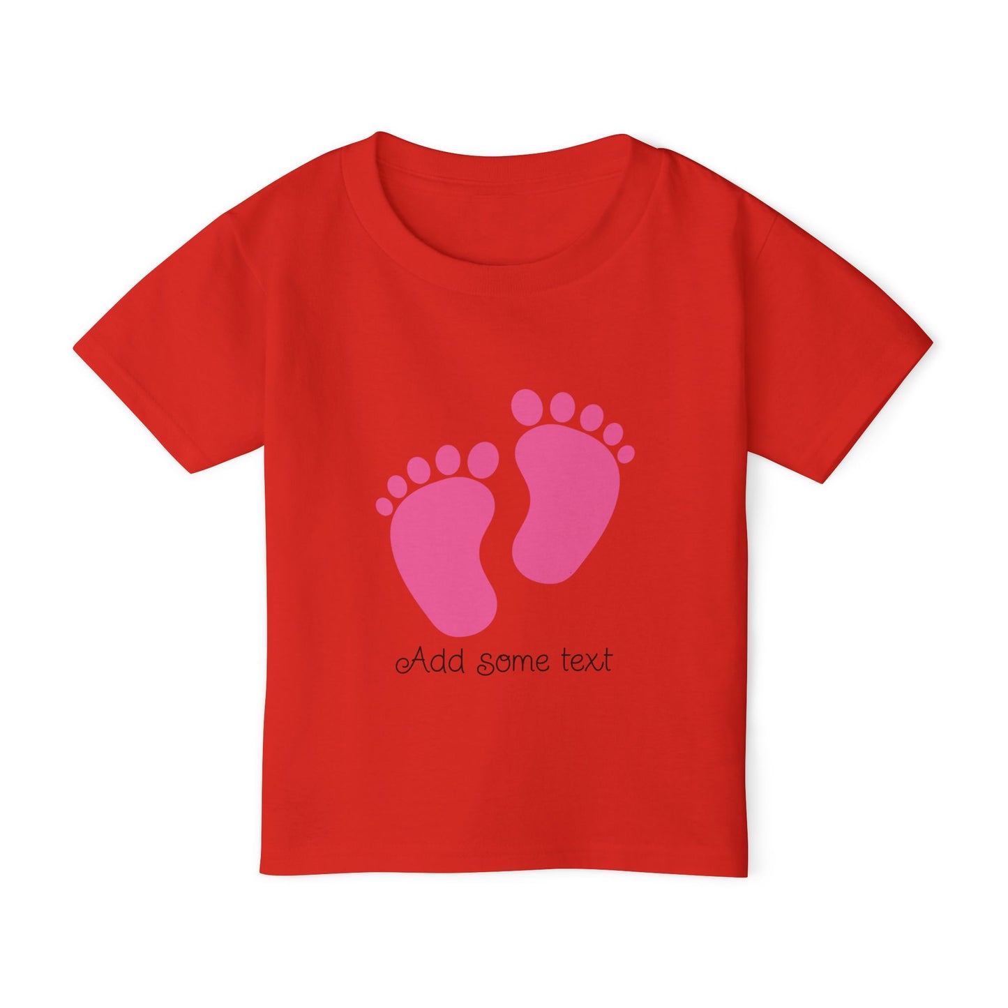 Red t-shirt with pink baby feet graphic and "Add some text" below.