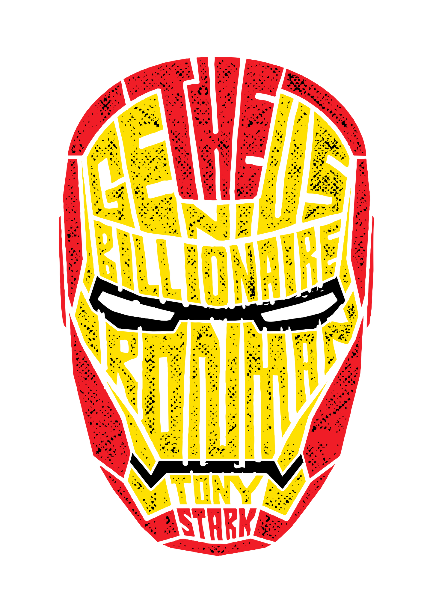 Iron Man mask design with text "The genius billionaire playboy philanthropist Tony Stark".