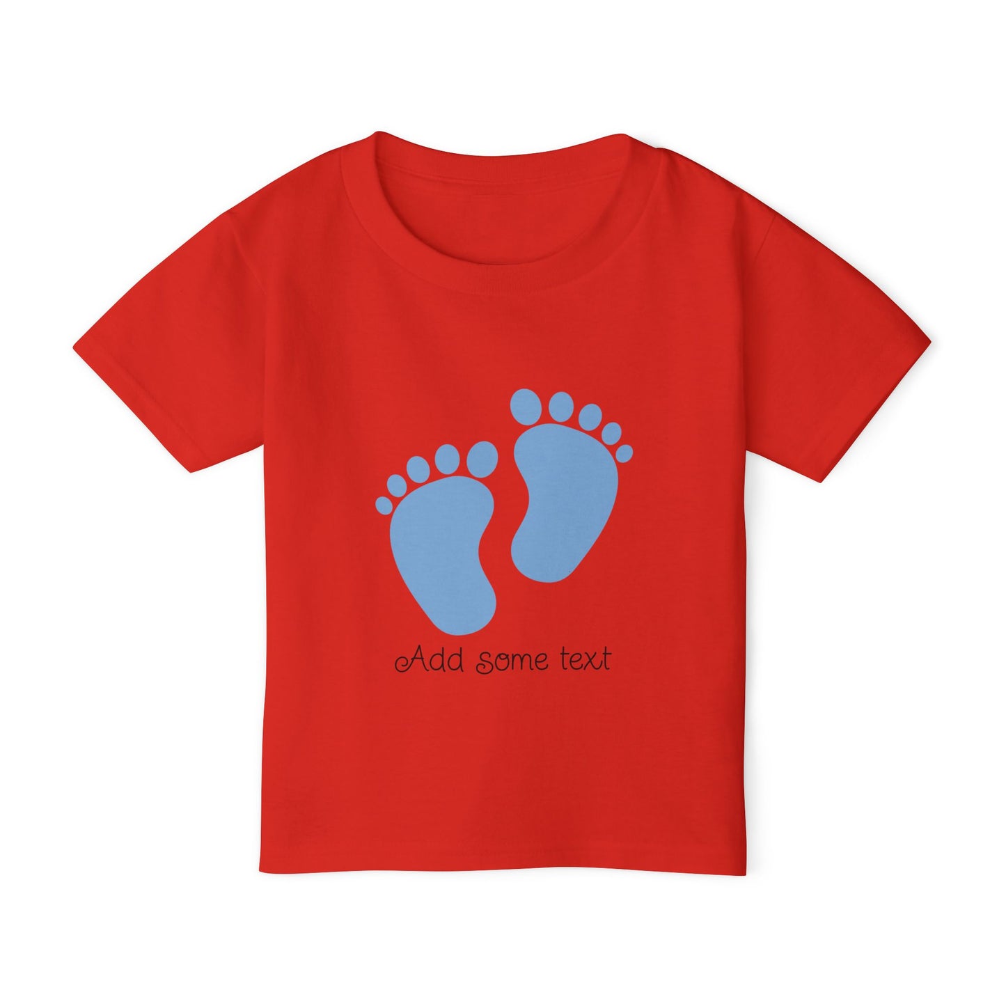 Red t-shirt with blue footprints graphic and "Add some text" below.