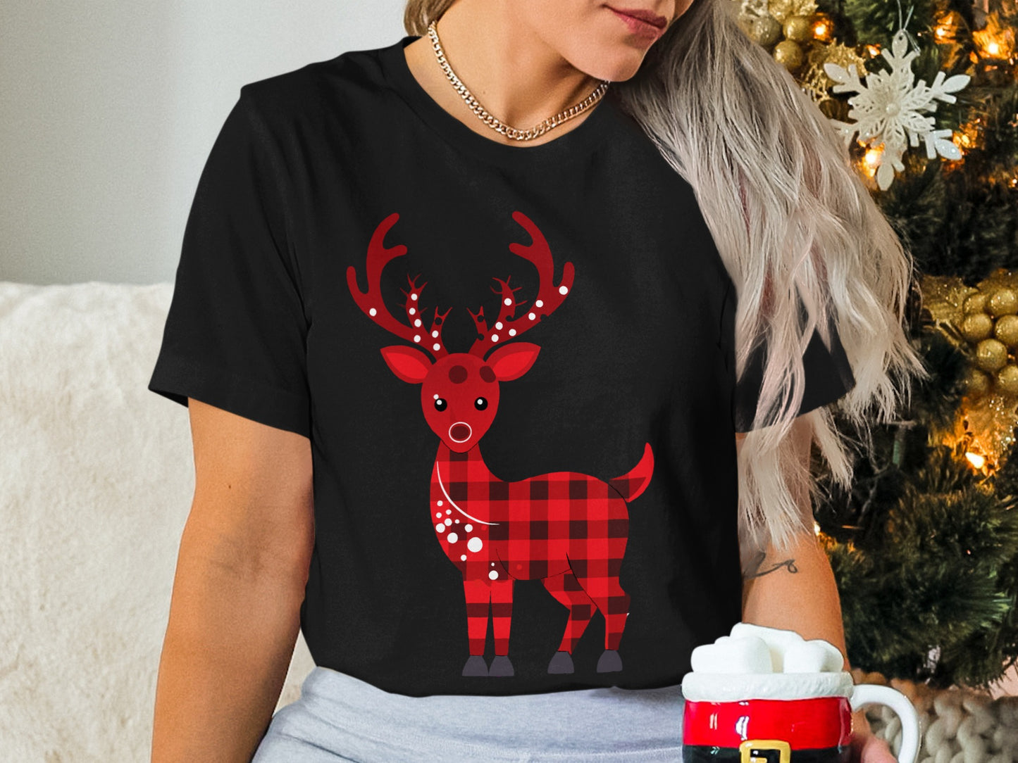 Red Plaid Reindeer Graphic Christmas Holiday Shirt