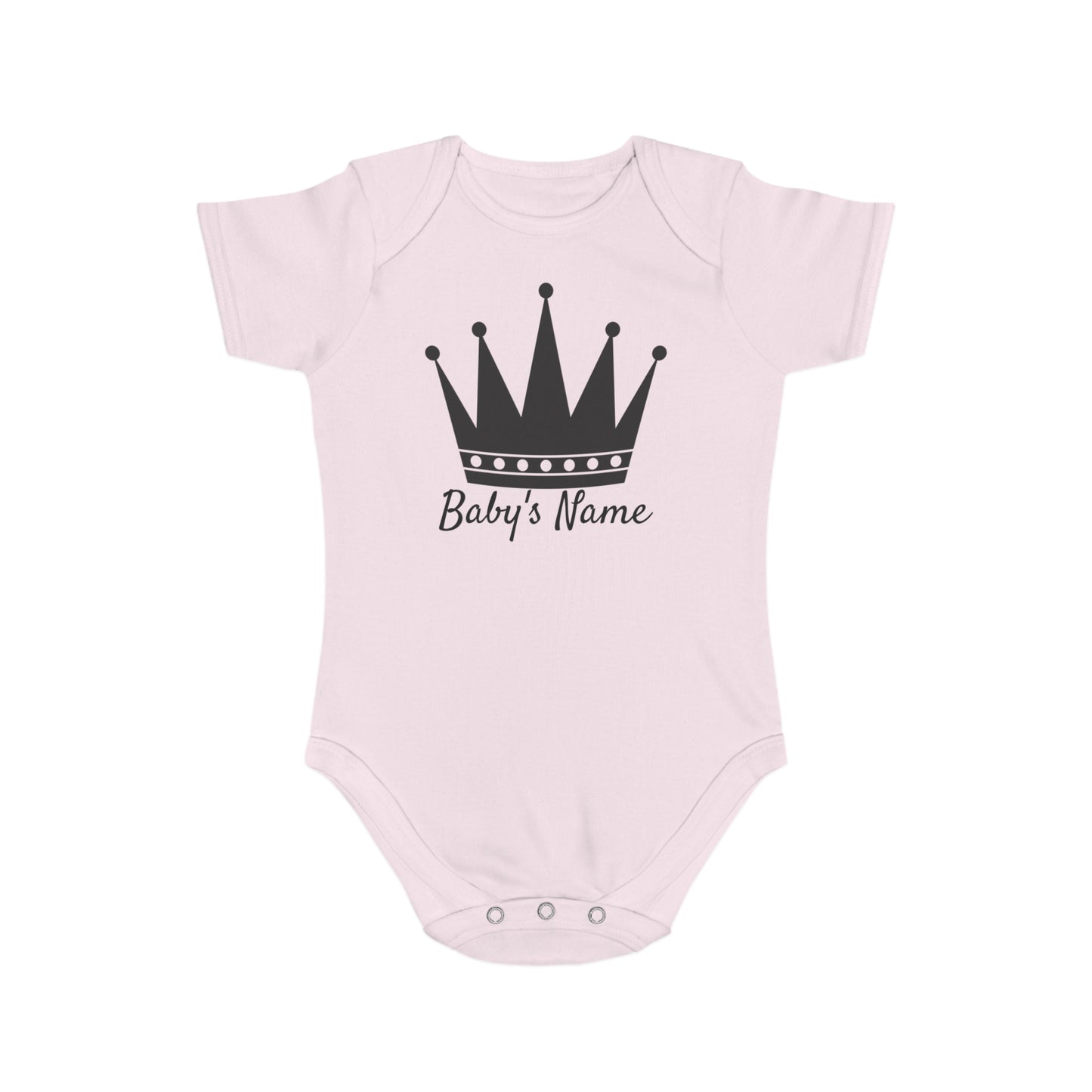 Pink baby onesie with black crown and "Baby's Name" text.