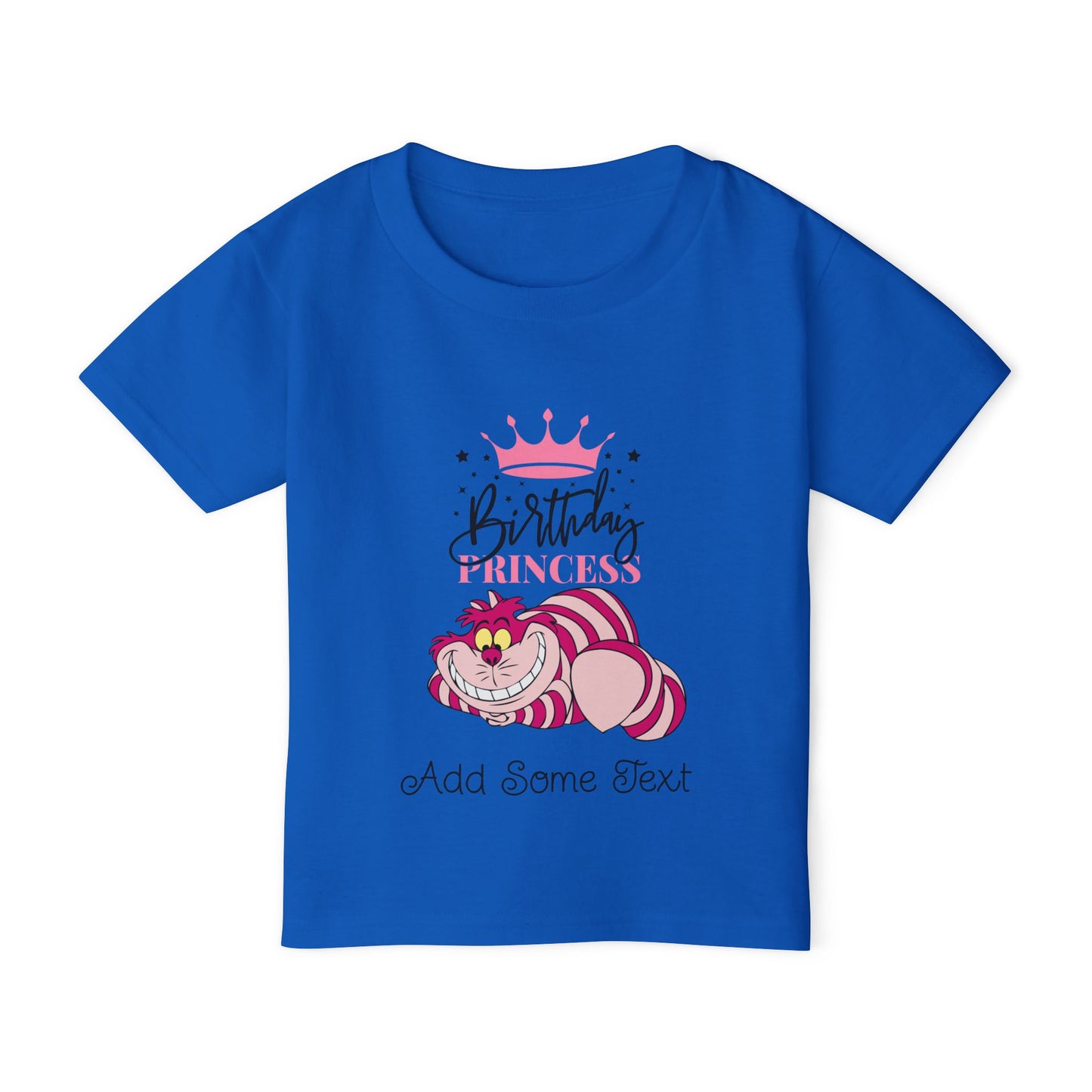 Blue t-shirt with Cheshire Cat, crown, and "Birthday Princess" text.