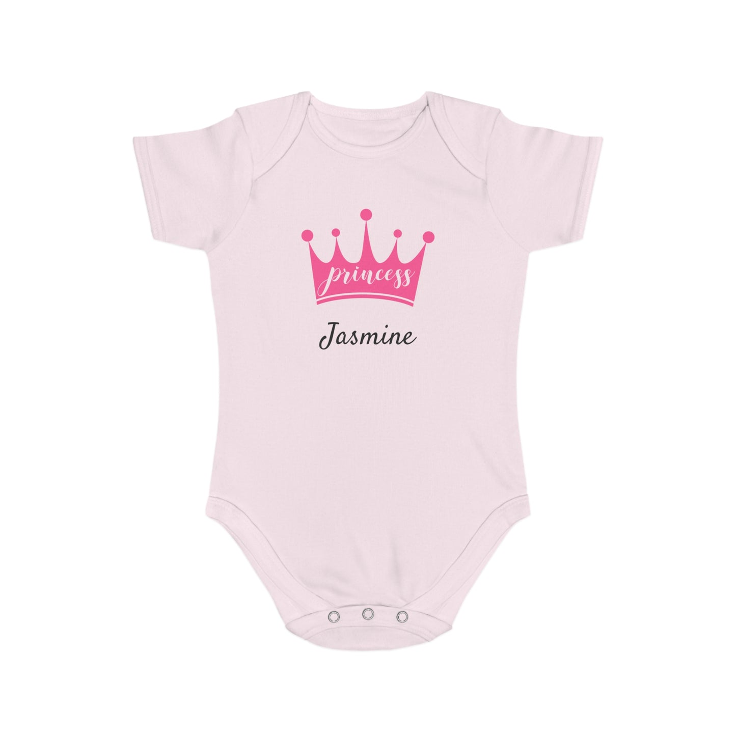 Pink baby onesie with "Princess Jasmine" text and a crown graphic.