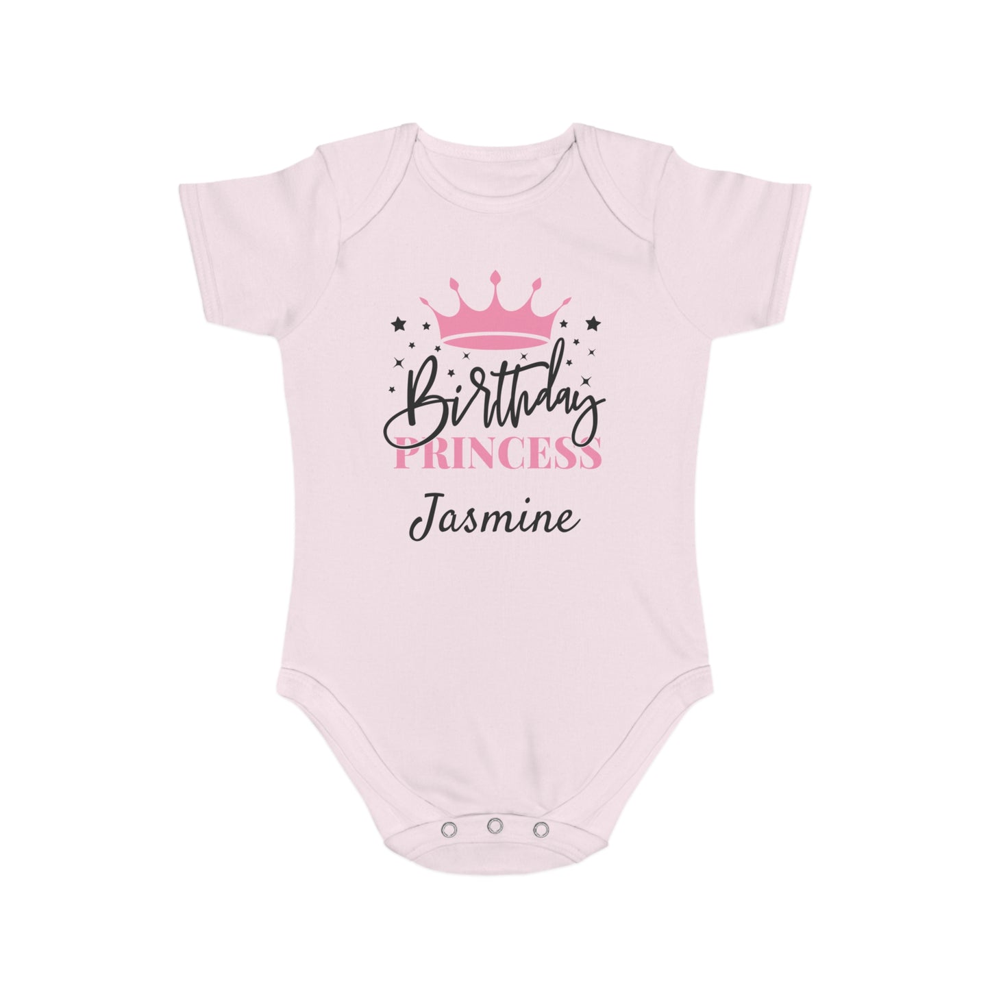 Pink baby onesie with "Birthday Princess Jasmine" and crown design.