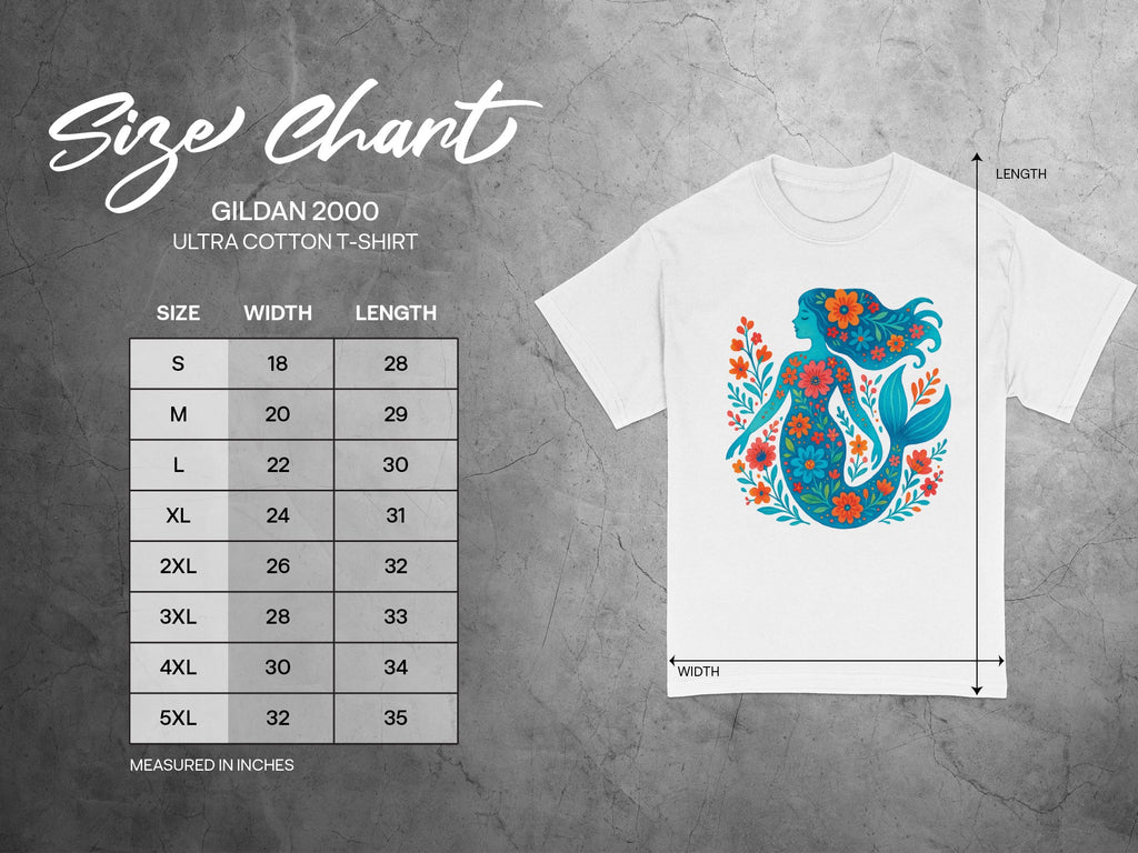 Gildan 2000 t-shirt size chart with width and length measurements in inches.