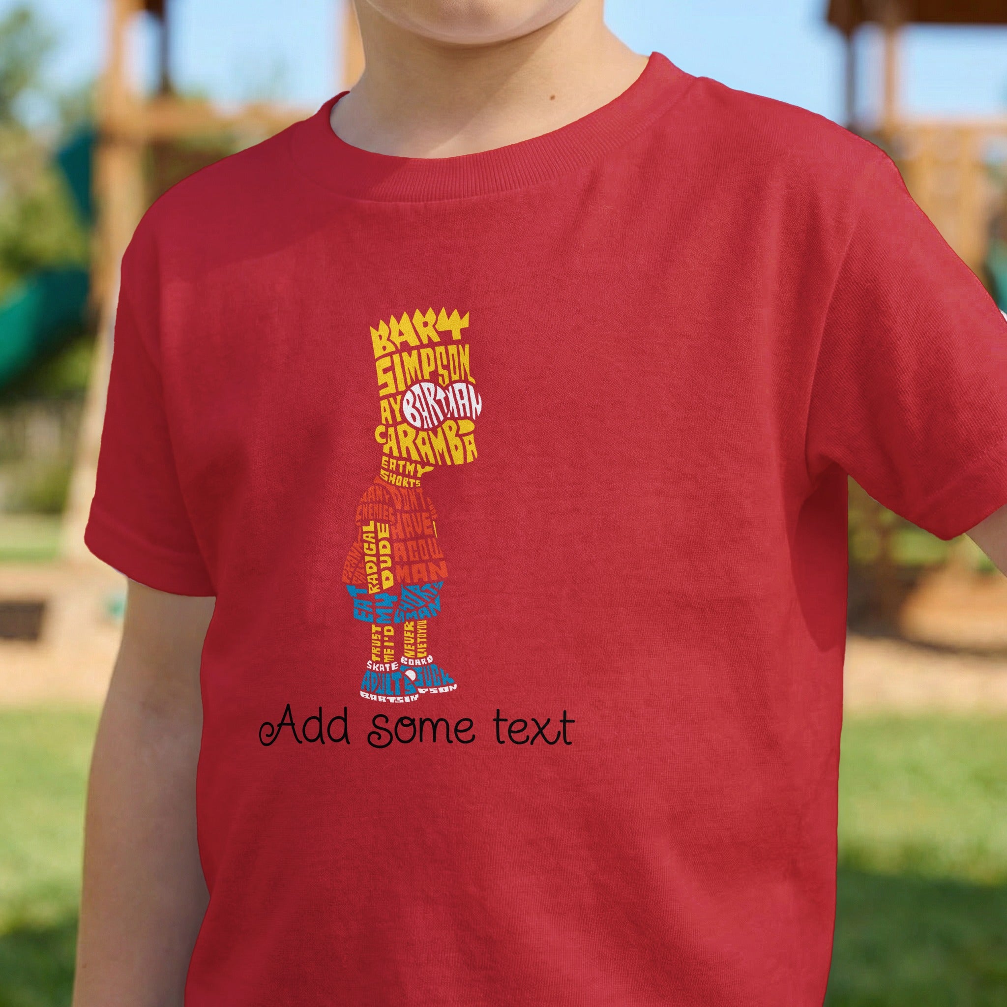 Red t-shirt with Bart Simpson silhouette formed by words and phrases.