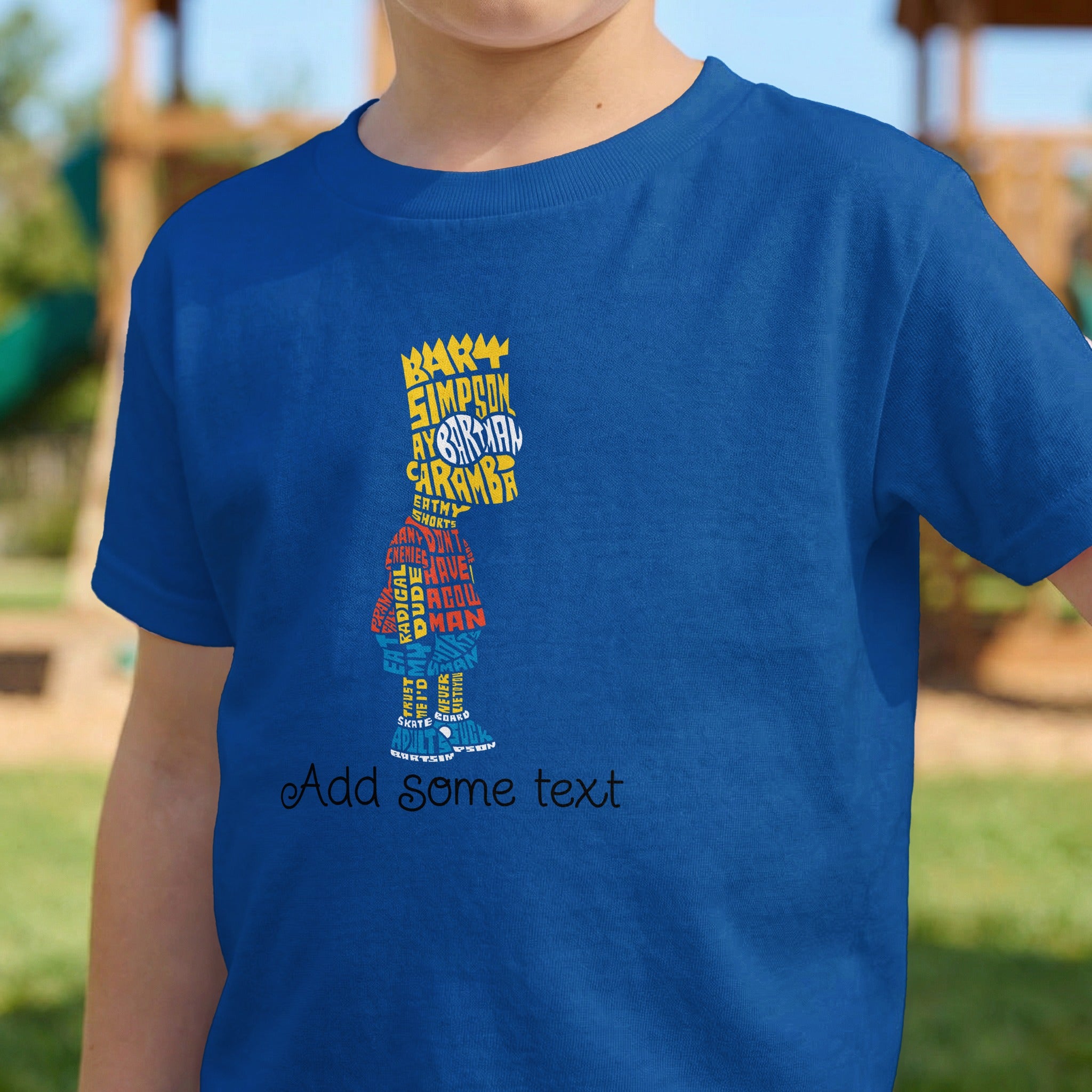 Blue t-shirt with Bart Simpson silhouette made of words.