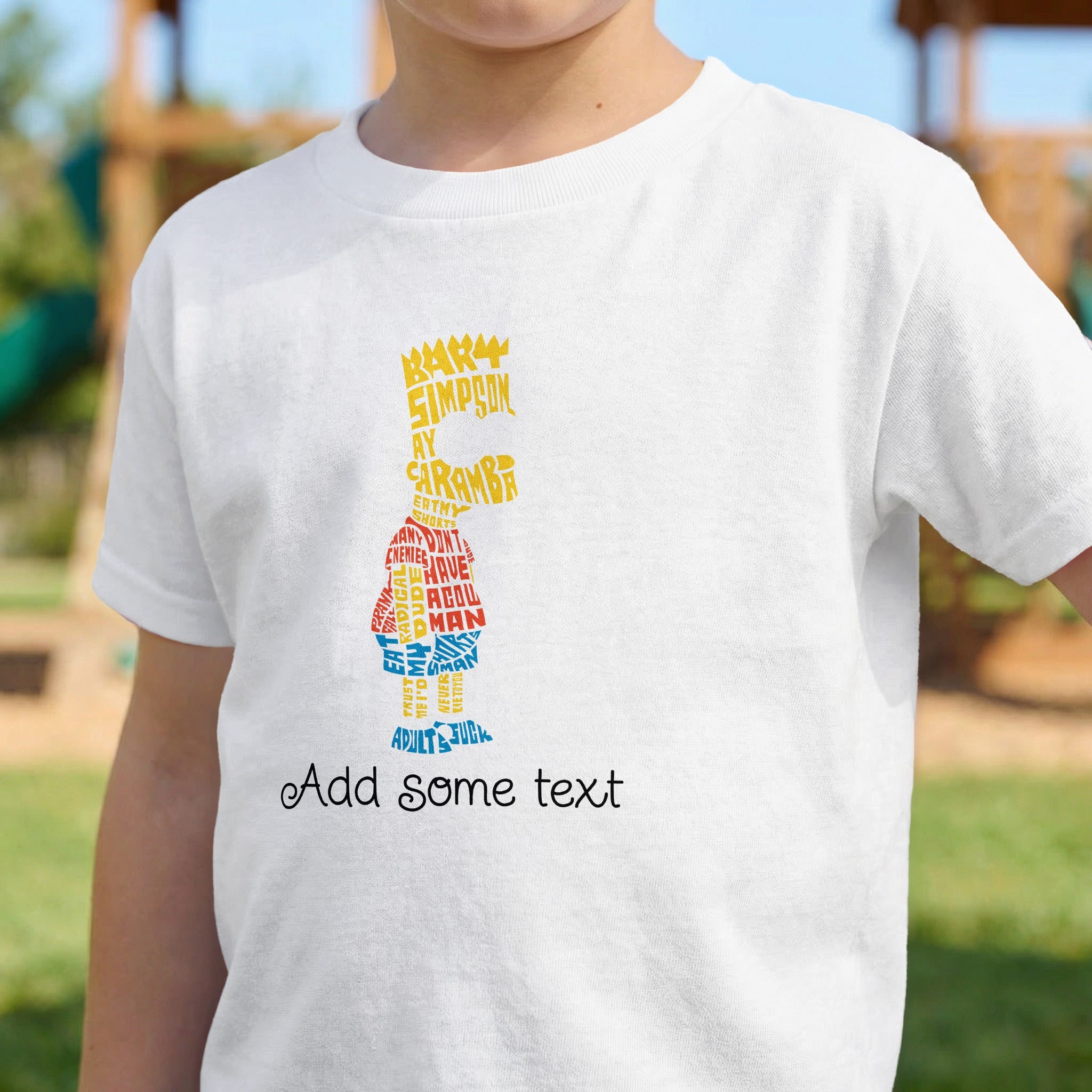 White t-shirt with Bart Simpson character formed from text and "Add some text."