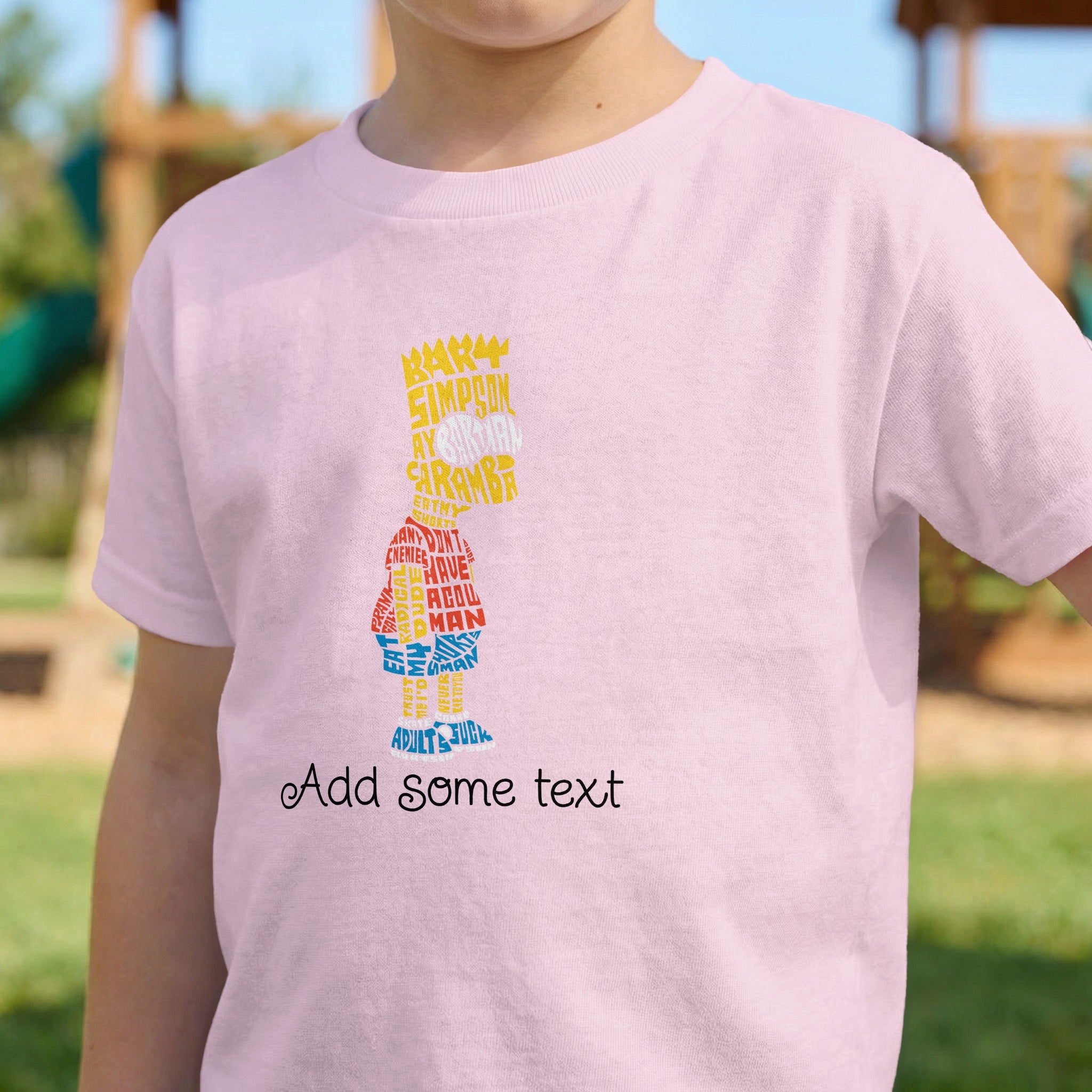 Pink t-shirt with Bart Simpson character made of words, and "Add some text".