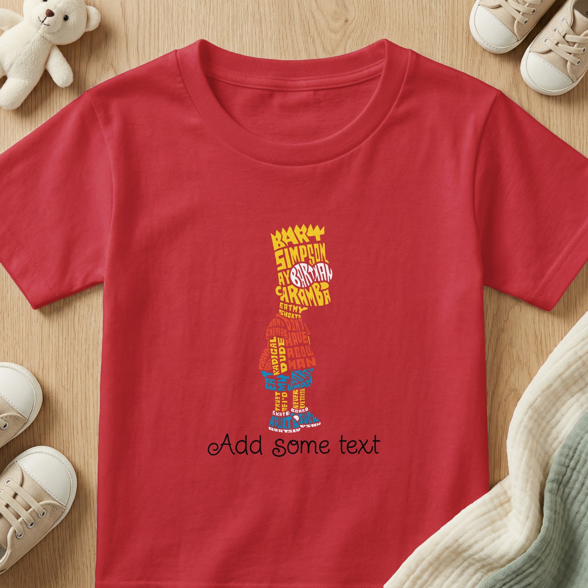 Red t-shirt with Bart Simpson silhouette made of text, "Add some text" below.