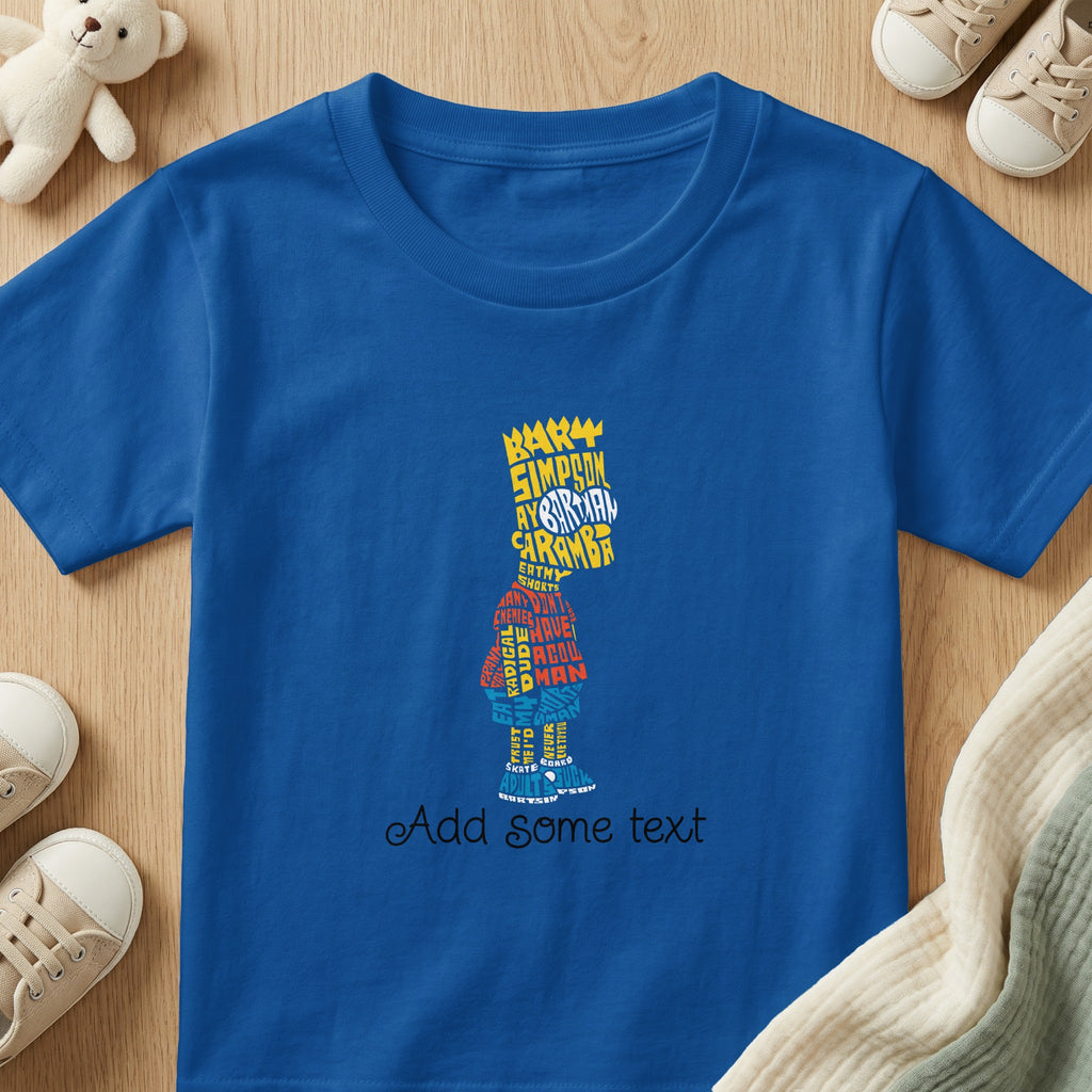 Blue t-shirt with Bart Simpson word art and "Add some text" graphic.