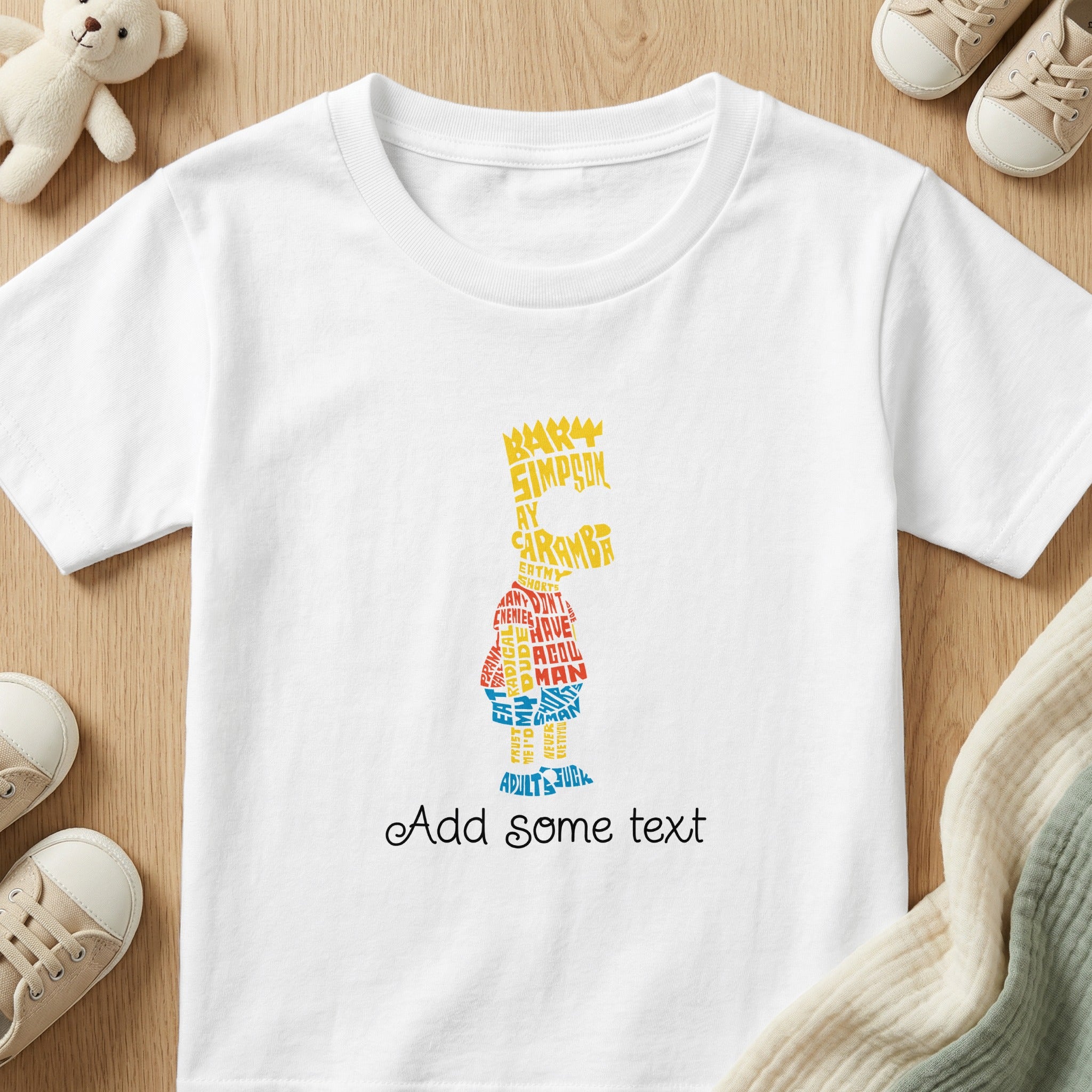 White t-shirt with Bart Simpson word art and customizable text space.