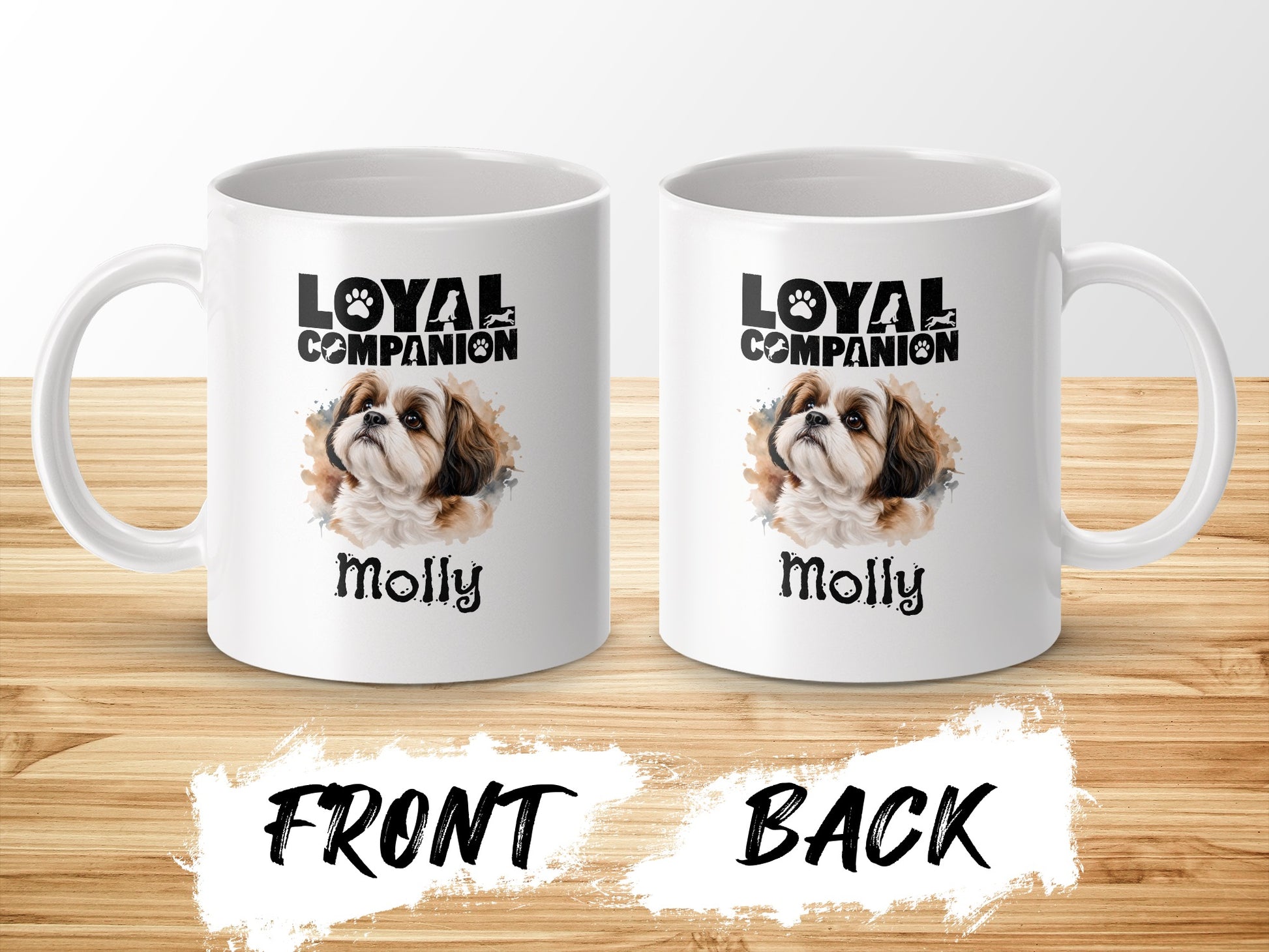 Two white mugs with "Loyal Companion" and a dog's portrait above the name "Molly."