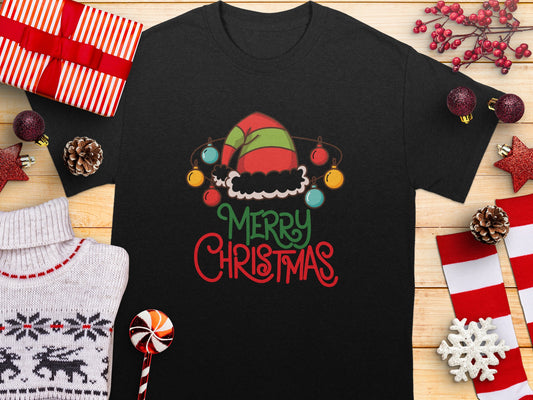 Festive Merry Christmas Elf Hat Graphic T-Shirt