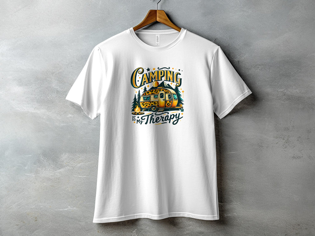 White t-shirt with graphic: "Camping is My Therapy" and a leopard-print camper.