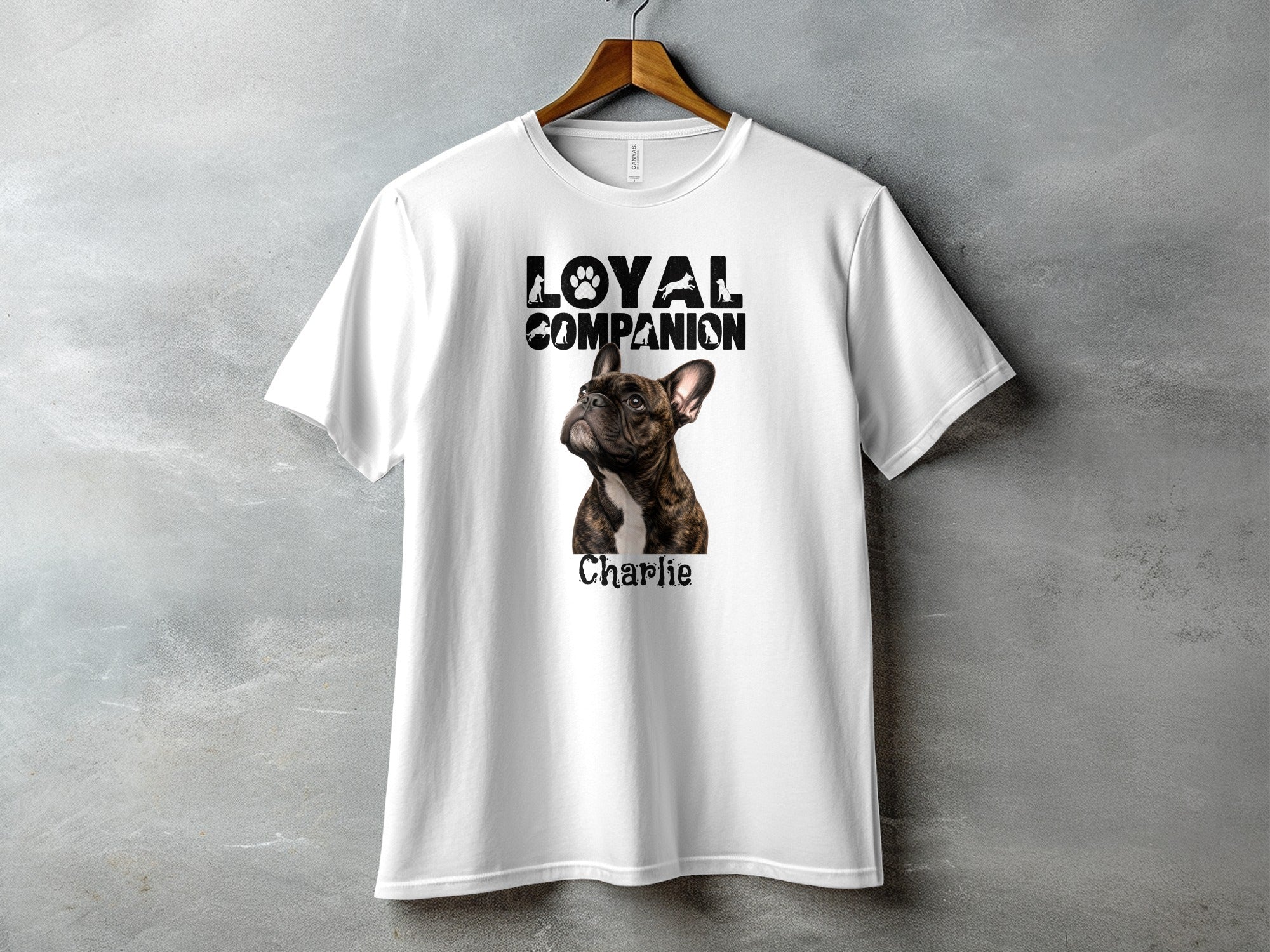 White t-shirt with "Loyal Companion" text and a French Bulldog named Charlie.