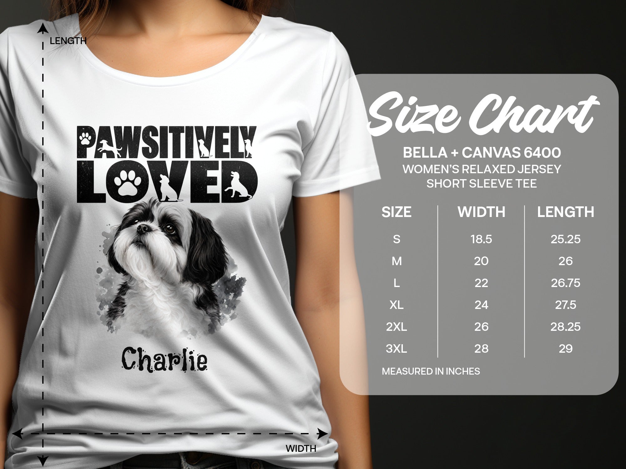 Bella + Canvas 6400 women's relaxed jersey tee with dog graphic and size chart.