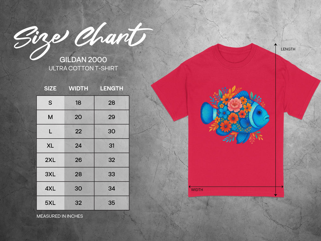 Gildan 2000 Ultra Cotton T-shirt size chart with measurements in inches.
