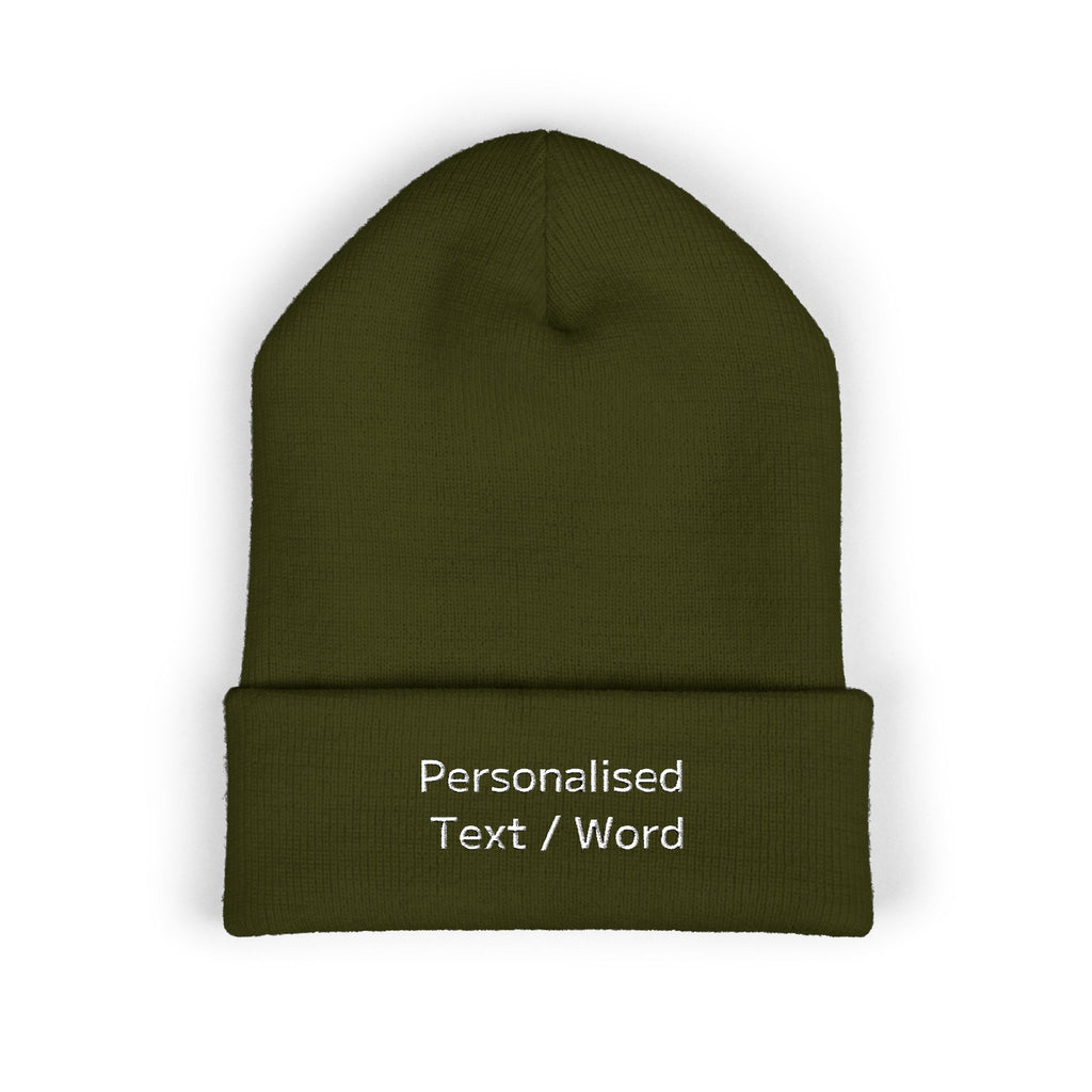Green beanie with embroidered text "Personalised Text / Word".