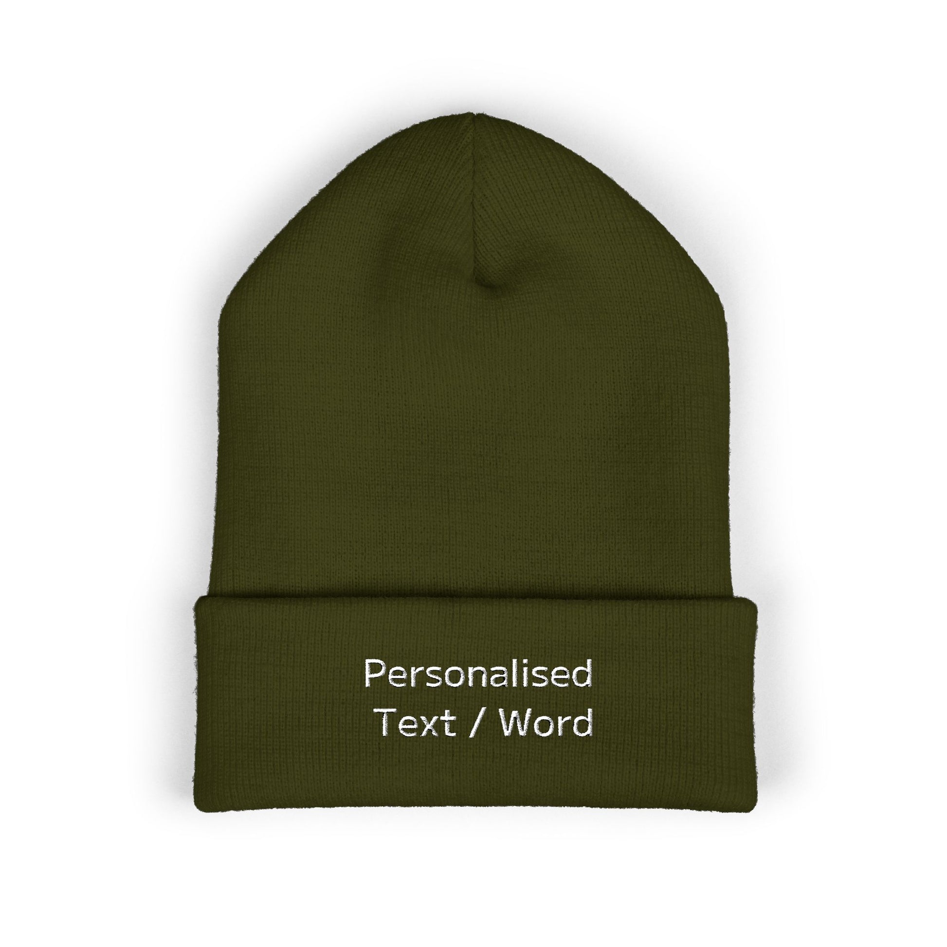 Green beanie with embroidered text "Personalised Text / Word".