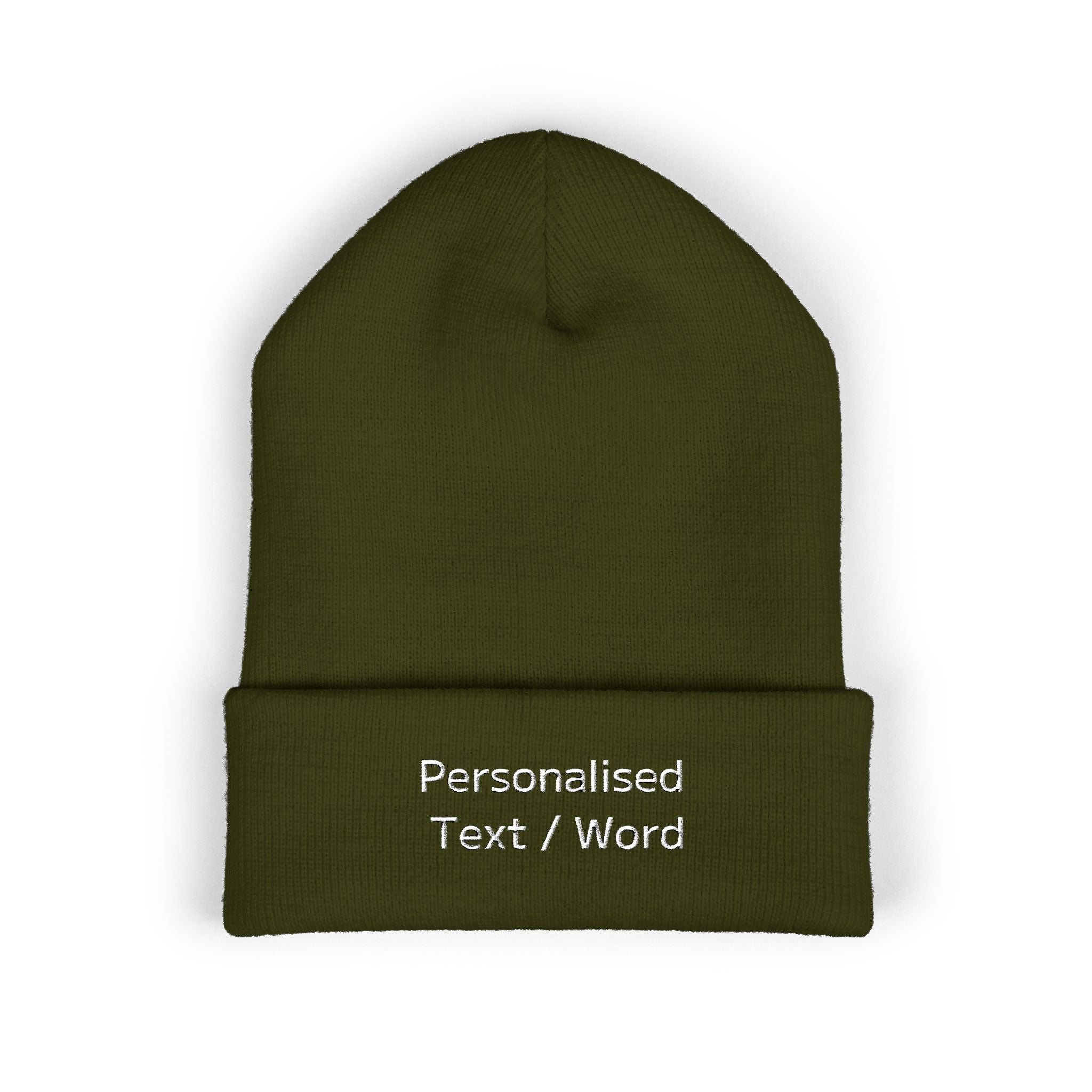 Green beanie with embroidered text "Personalised Text / Word".