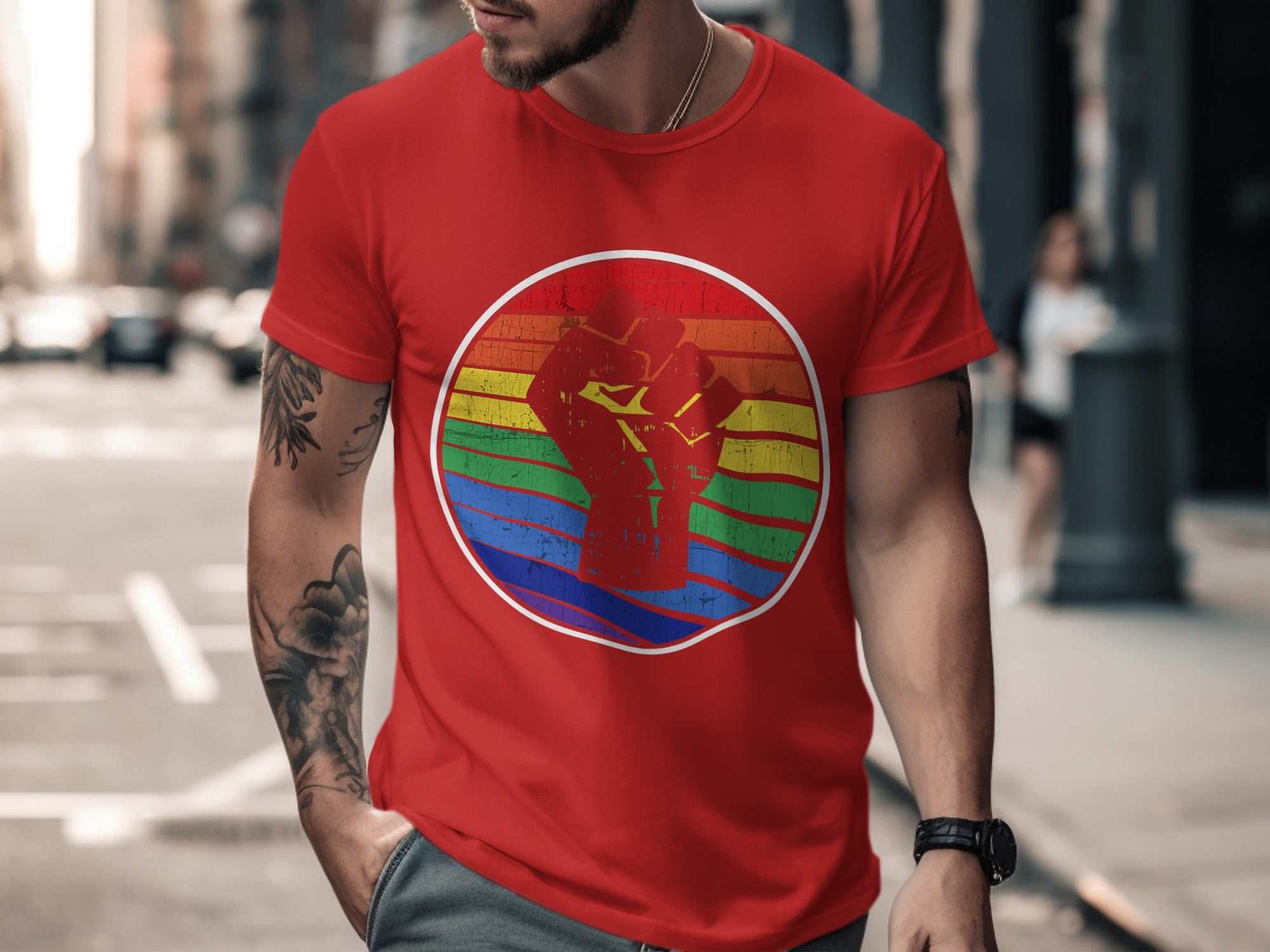 Red t-shirt with distressed rainbow fist graphic in a circle