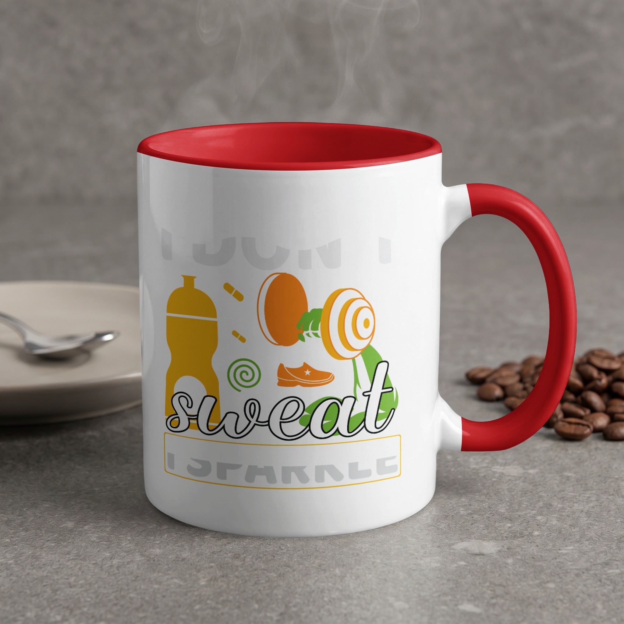 White mug with red handle, "I don't sweat, I sparkle" and fitness graphics.