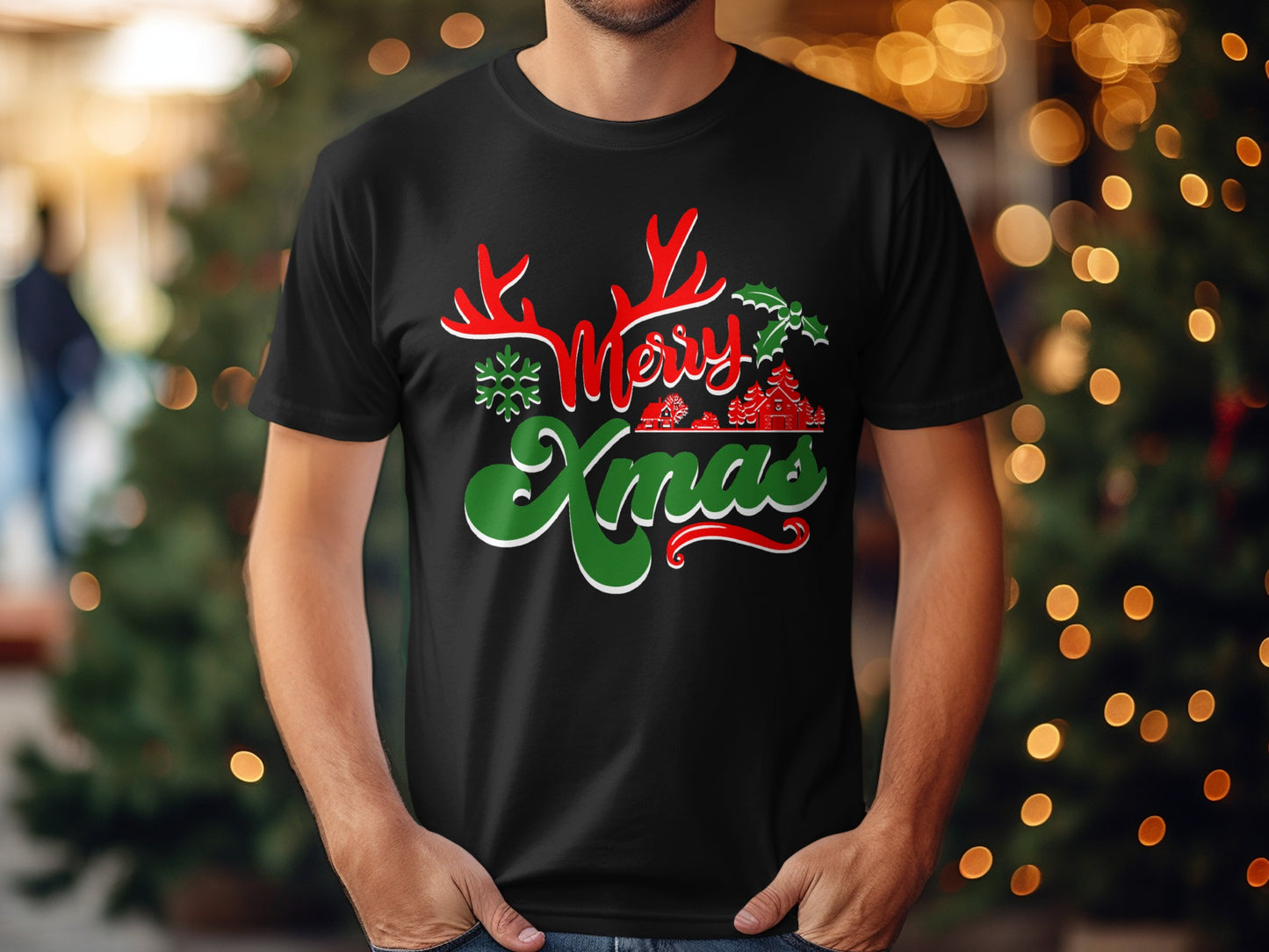 Festive Merry Xmas Antlers Graphic Design T-Shirt
