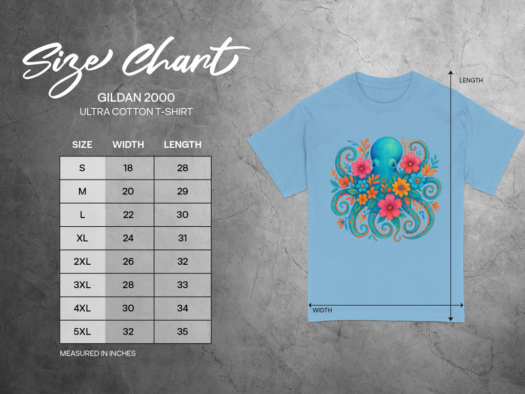 Gildan 2000 t-shirt size chart with measurements in inches for width and length.