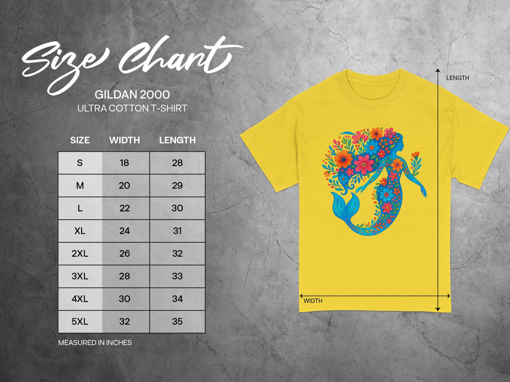 Gildan 2000 Ultra Cotton t-shirt size chart with mermaid graphic and measurements.
