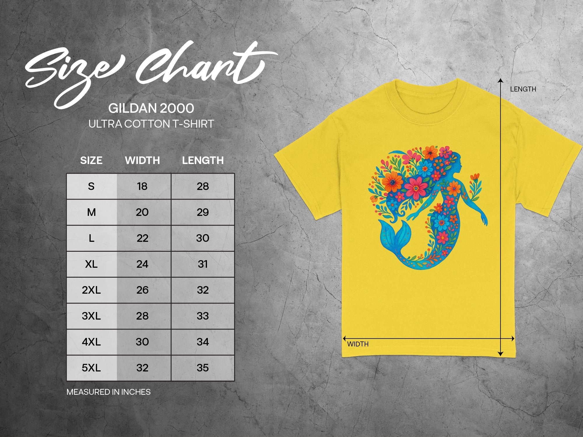 Gildan 2000 Ultra Cotton t-shirt size chart with mermaid graphic and measurements.