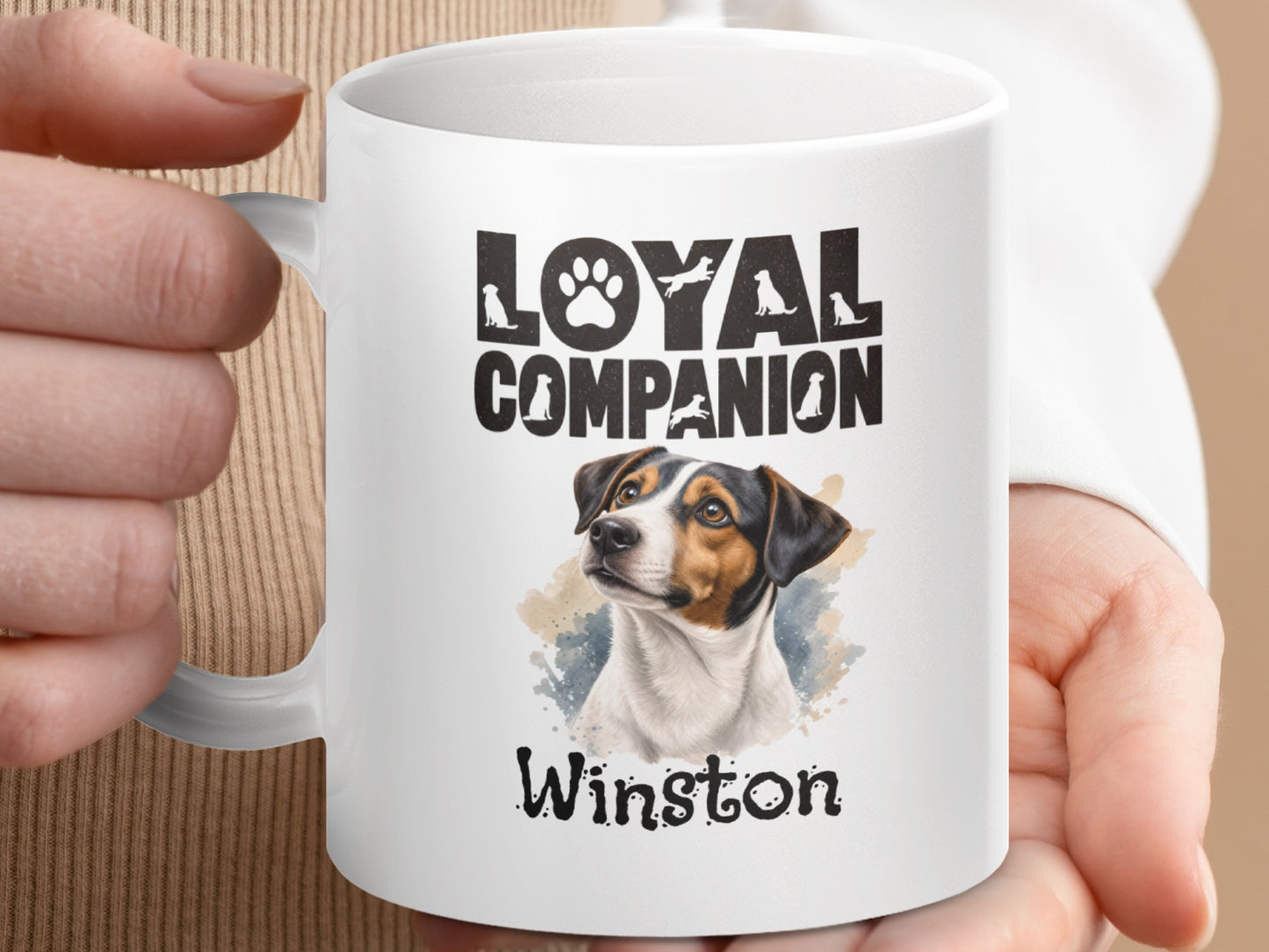 Mug with "Loyal Companion" text and portrait of a dog named Winston.