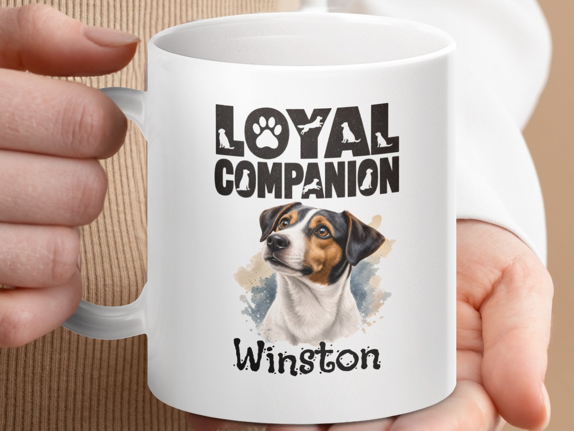 Mug with "Loyal Companion" text and portrait of a dog named Winston.
