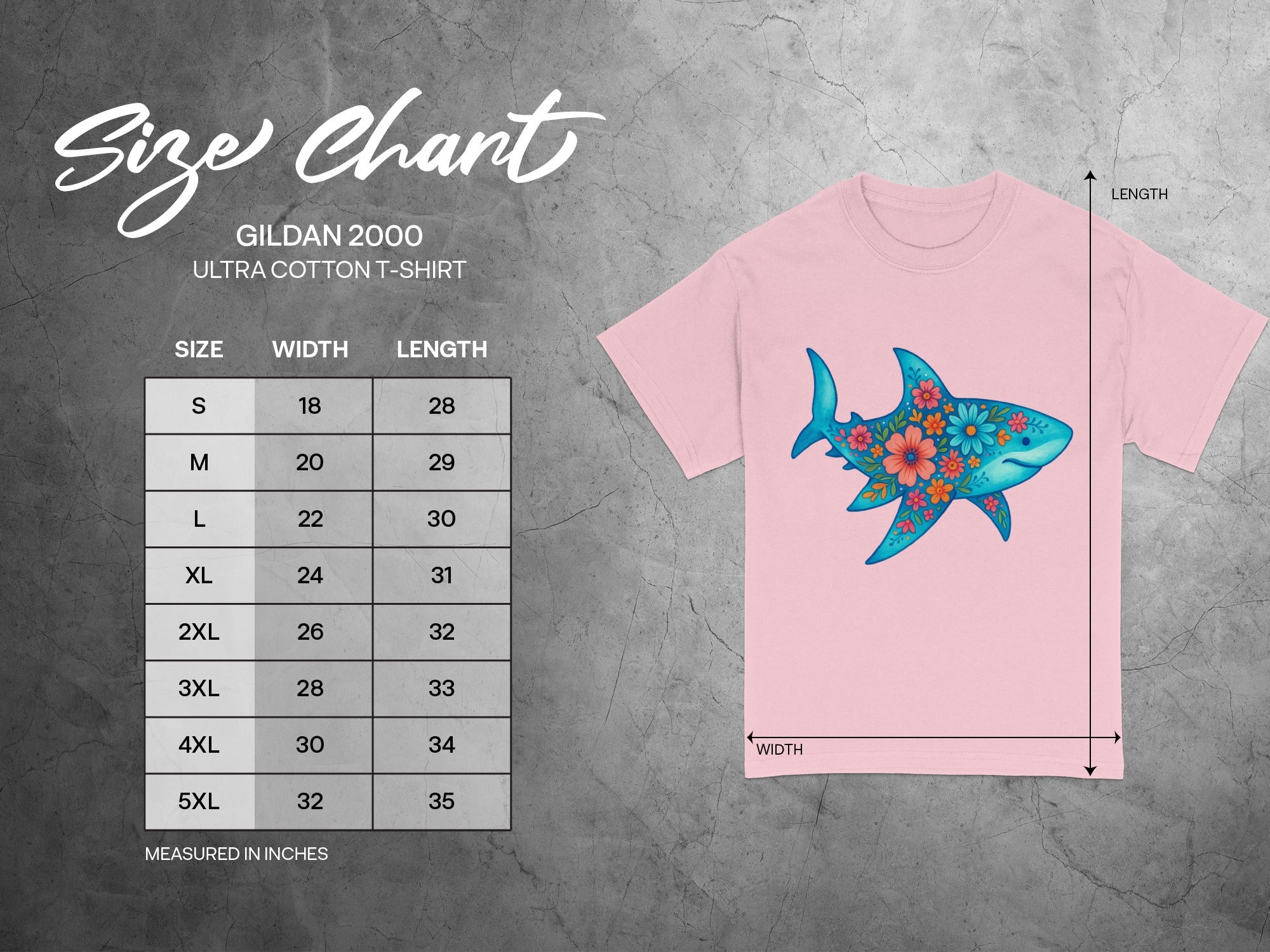 Gildan 2000 t-shirt size chart with floral shark graphic.
