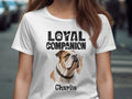 White t-shirt with "LOYAL COMPANION" text and an English Bulldog portrait named Charlie.