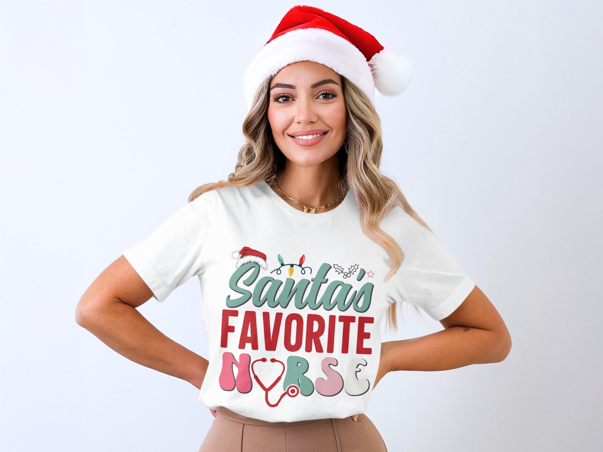 Santas Favorite Nurse with Festive Hat T-Shirt