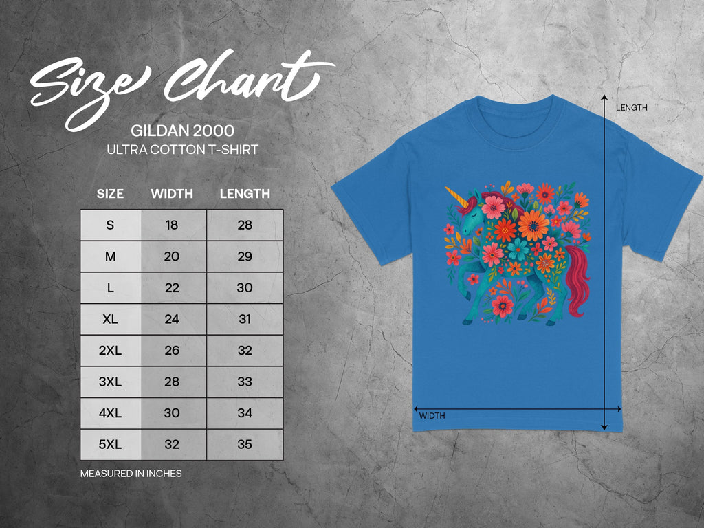 Gildan 2000 Ultra Cotton t-shirt size chart with floral unicorn graphic.