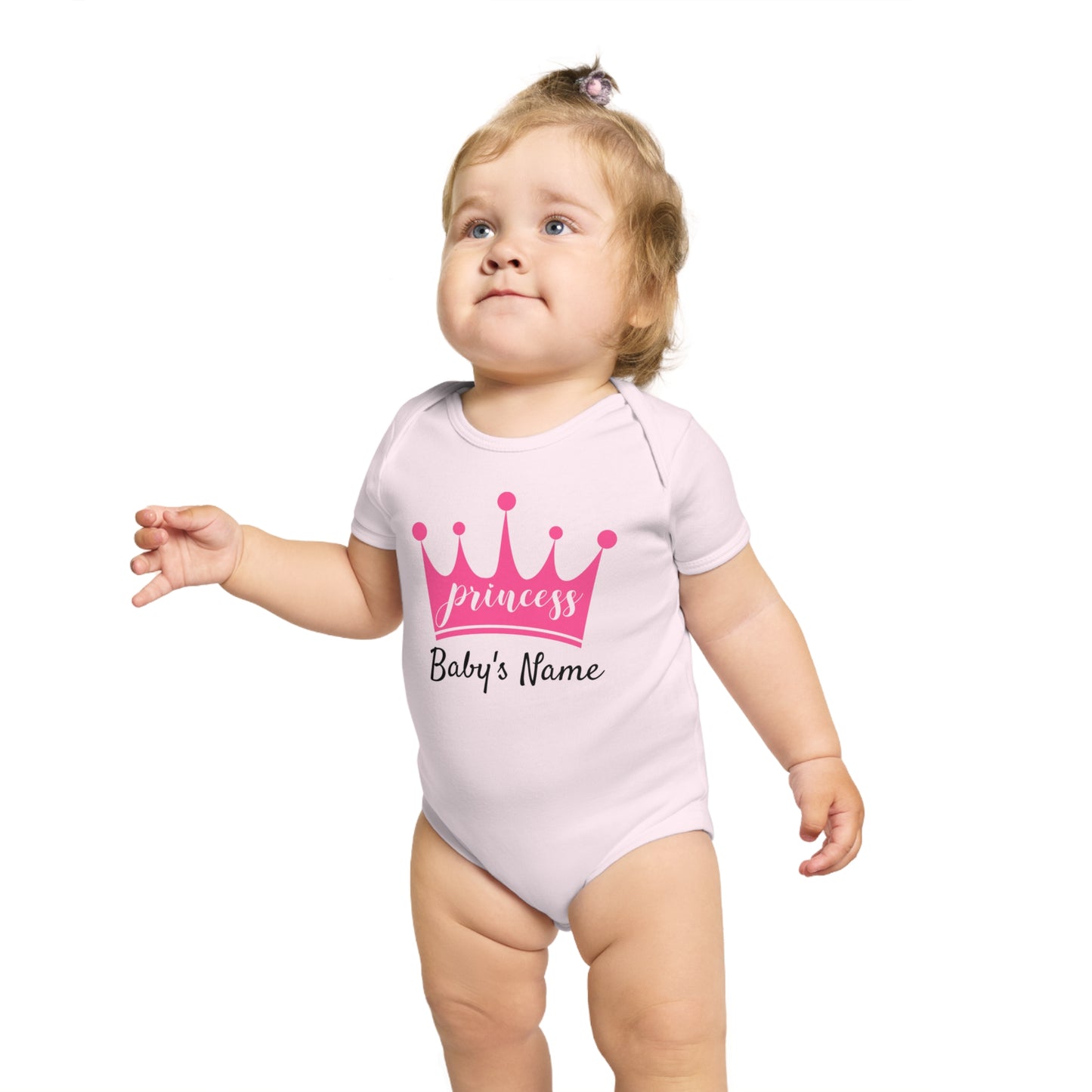 Baby in pink onesie with "Princess Baby's Name" crown graphic.