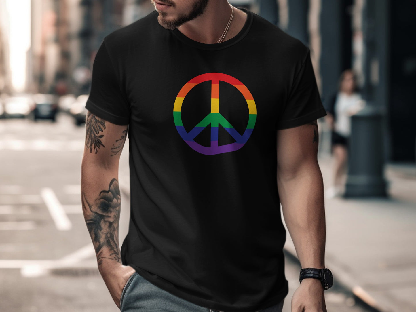 Black t-shirt with a rainbow peace sign graphic on the chest