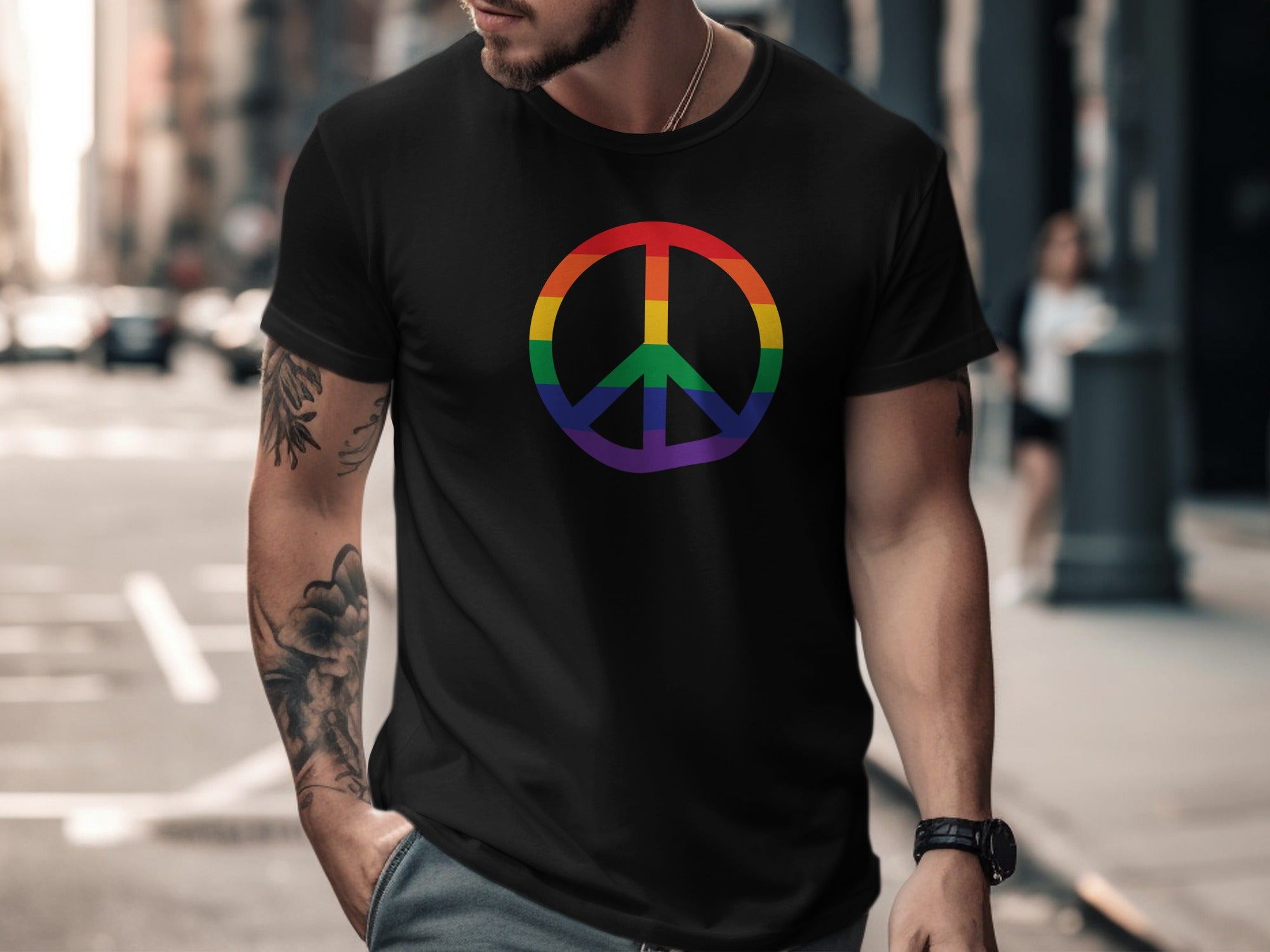 Black t-shirt with a rainbow peace sign graphic on the chest