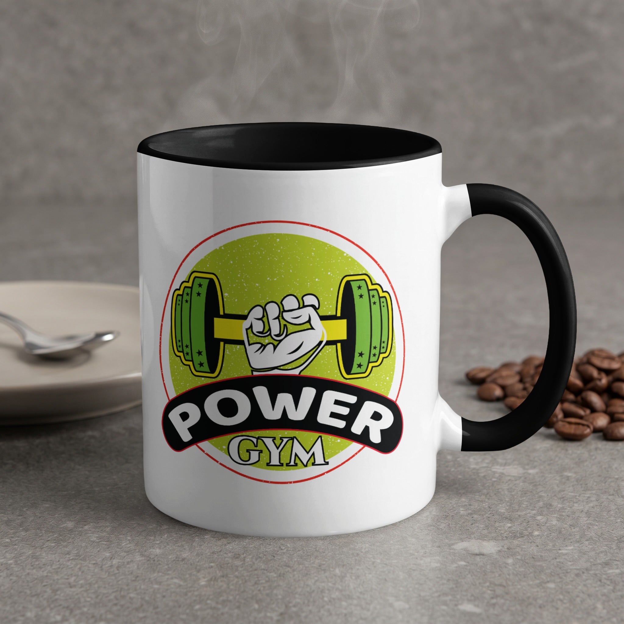 White mug with black interior and handle, featuring a Power Gym logo.