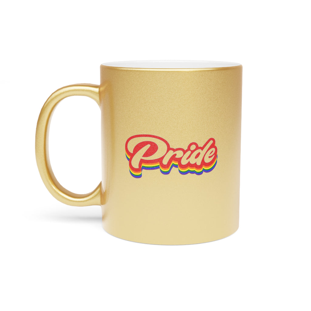 Gold mug with rainbow "Pride" text on a white background.