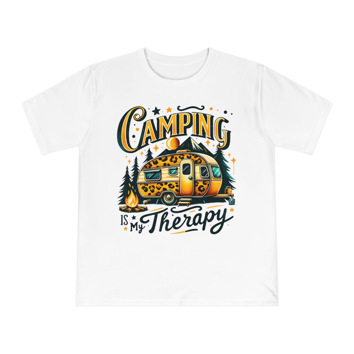 White t-shirt with leopard print camper, campfire, trees and text "Camping Is My Therapy".