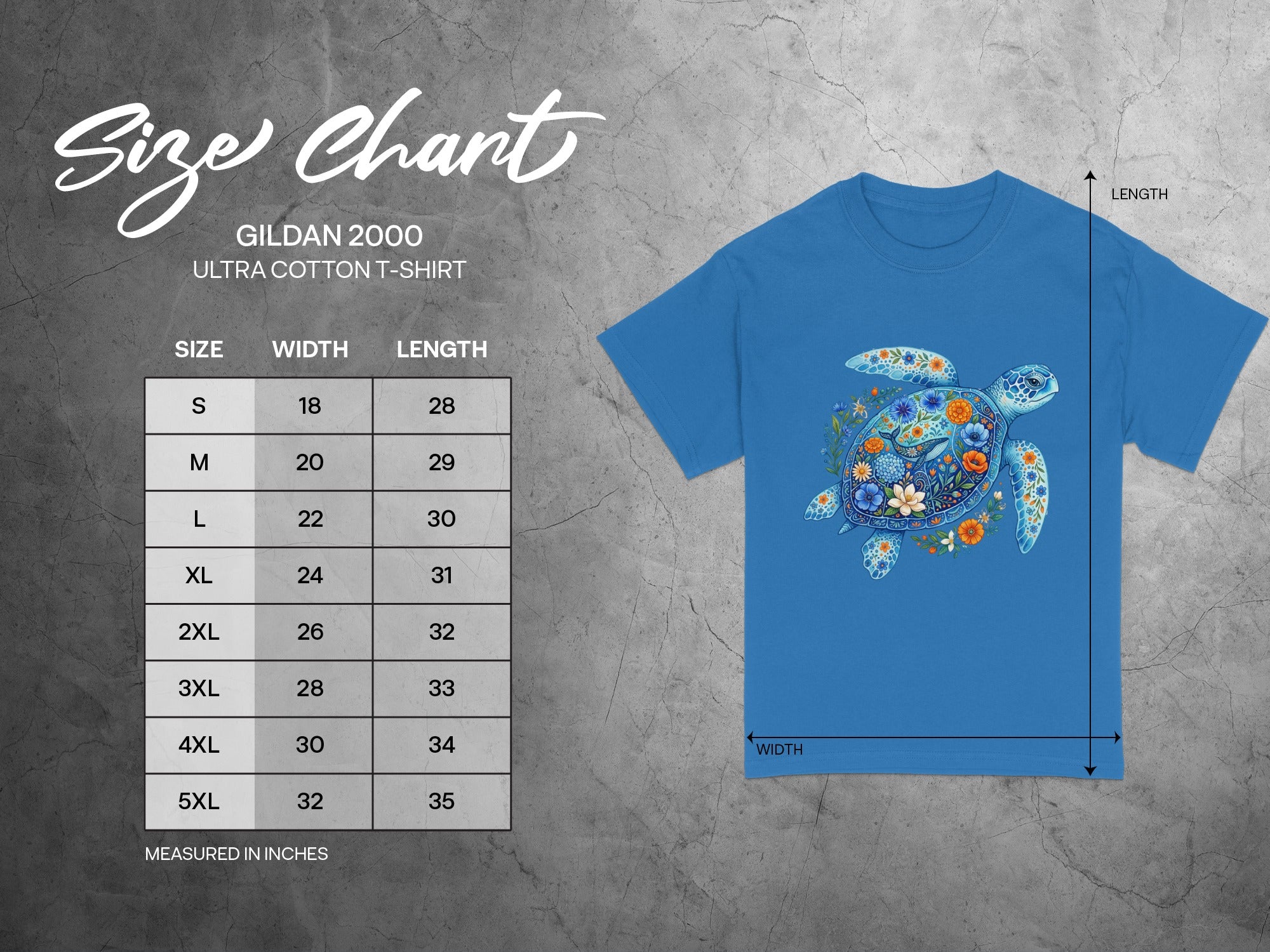 Gildan 2000 Ultra Cotton T-Shirt size chart with floral turtle graphic.